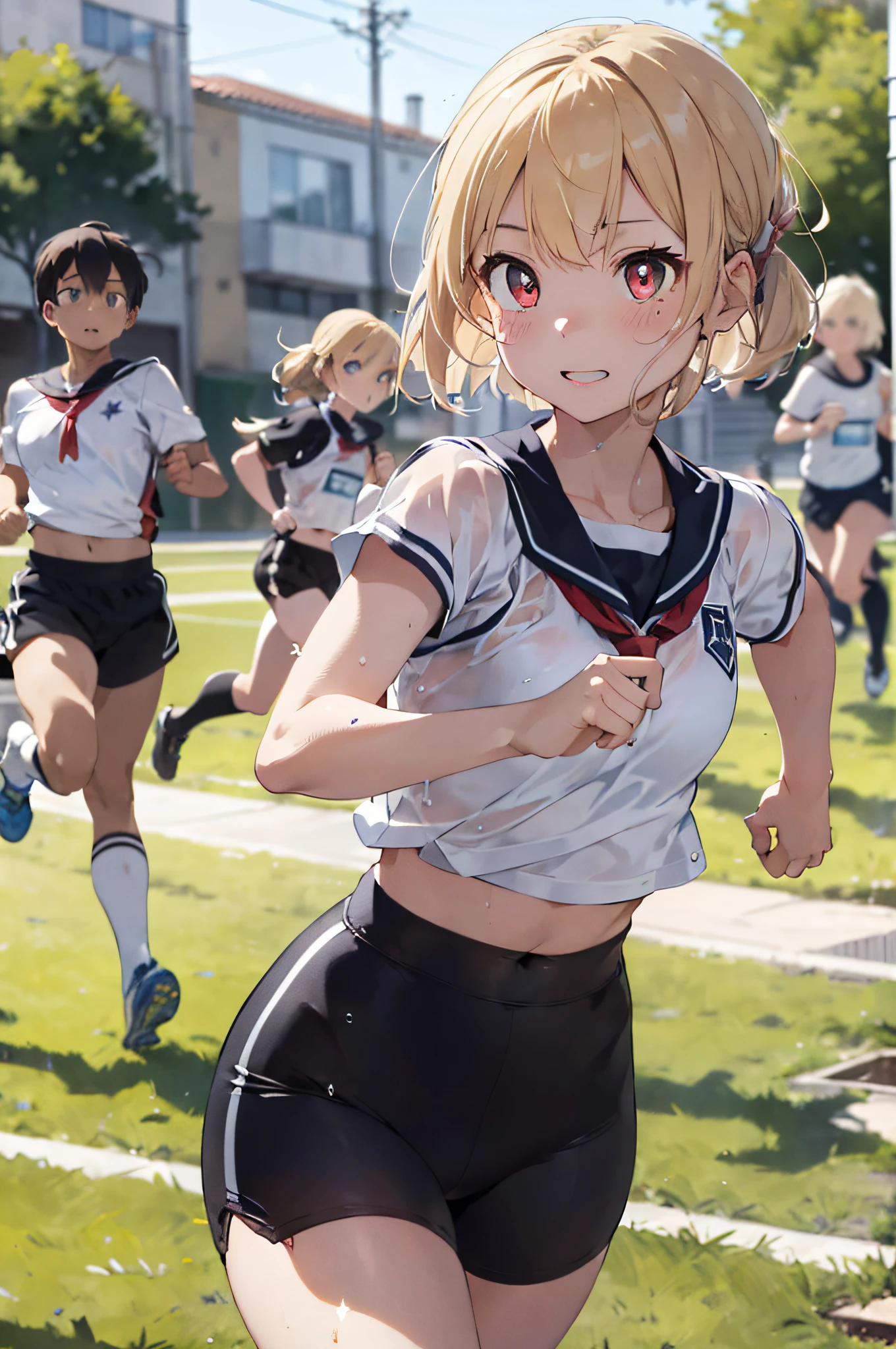 Short Hair、Blonde、Nipples、I can see her 、Track uniform、Athletics、Sports Bra、stockings、Insert the penis into the、Open your legs while crouching、Perfect body、Semen overflows from pussy、Surrounded by a large group of men、From below