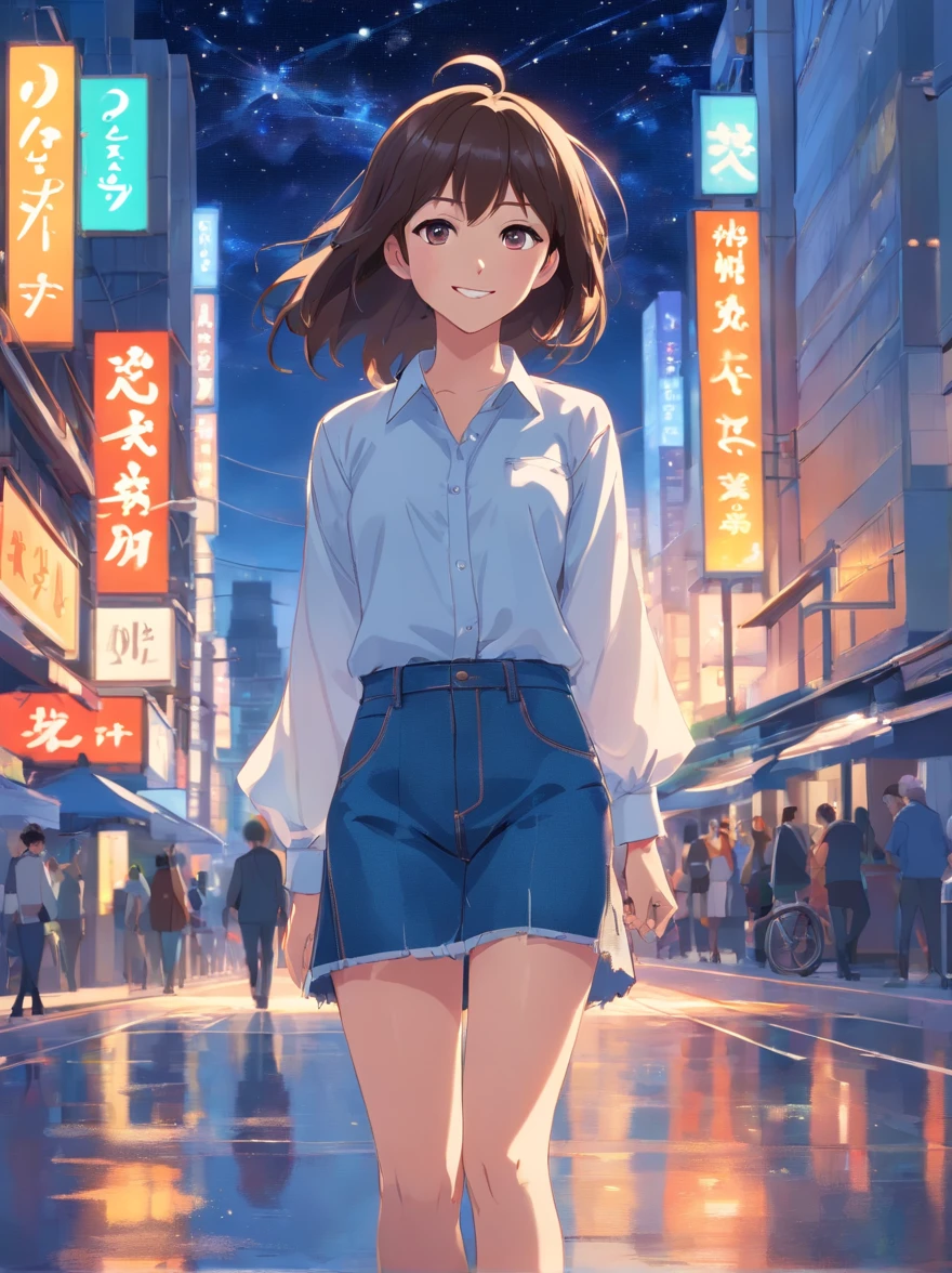 Woman smiling at me on city background、A dark-haired、Denim on white shirt、Casket、Starry sky、2 days and months、dreamlike landscape、From a distance、Landscape Main、Building Street、Near future、the wind、TOKYOcty、I don't have anything、high-heels