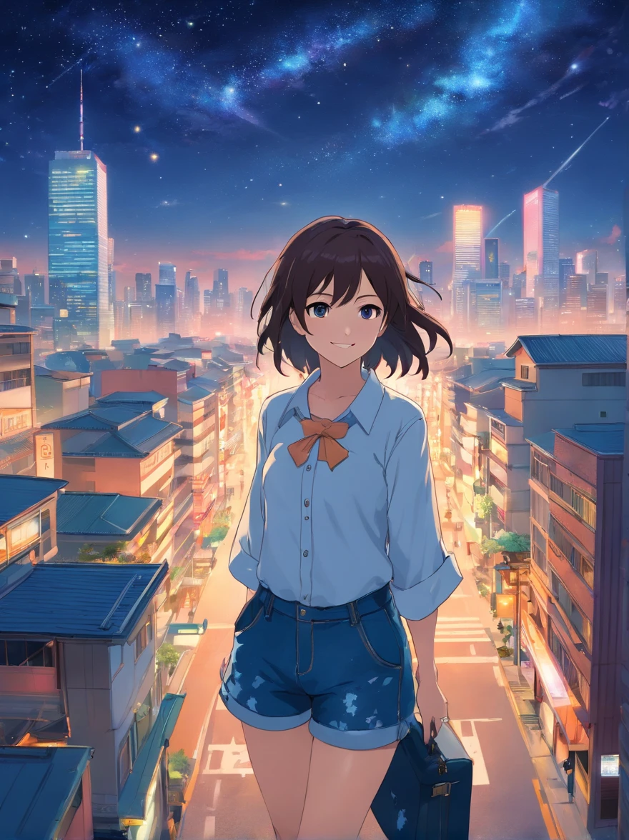 Woman smiling at me on city background、A dark-haired、Denim on white shirt、Casket、Starry sky、2 days and months、dreamlike landscape、From a distance、Landscape Main、Building Street、Near future、the wind、TOKYOcty、I don't have anything、high-heels