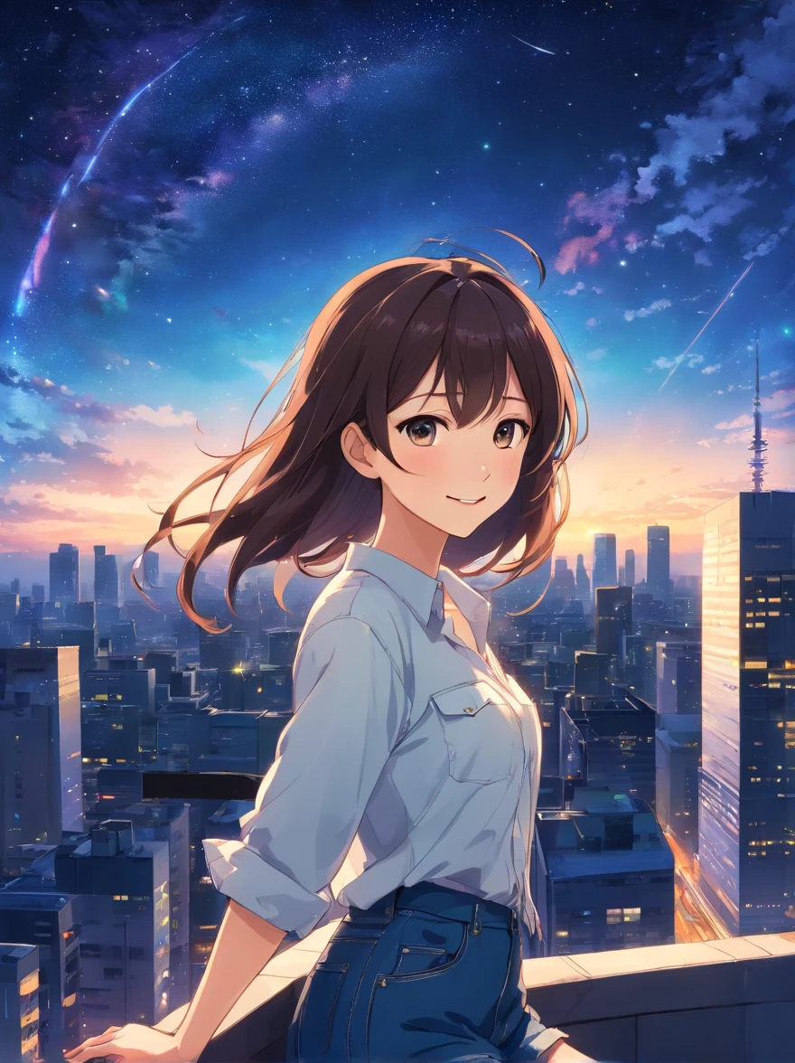Woman smiling at me on city background、A dark-haired、Denim on white shirt、Casket、Starry sky、2 days and months、dreamlike landscape、From a distance、Landscape Main、Building Street、Near future、the wind、TOKYOcty、I don't have anything、high-heels