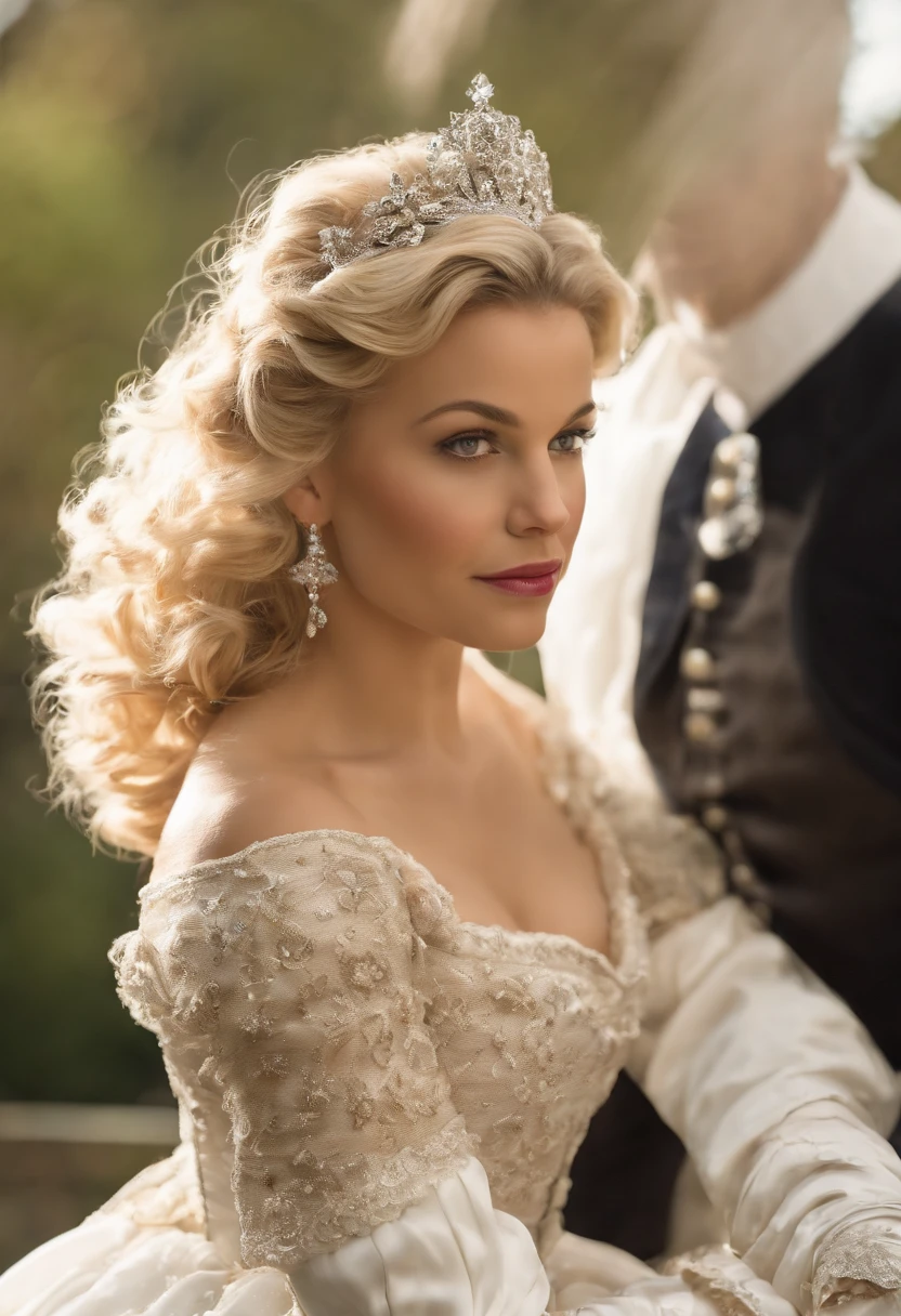 A stunningly beautiful blonde fairytale Princess Reese Witherspoon shining with Royal Pomp and Regal Splendor, wearing a Stately and (((Elaborate))) Royal Cinderella Ballgown of Silver and White Brocade, with (((enormous puffed sleeves))) a stiffly boned, padded and corseted bodice, an hourglass waist, a (((huge crinoline hoopskirt))) and (((bustle))), adorned with ribbons, bows, roses, lace, ruffles, frills, embroidery, and jewels, elaborately curled and styled hair, long white gloves, pearl and diamond necklace and earrings
