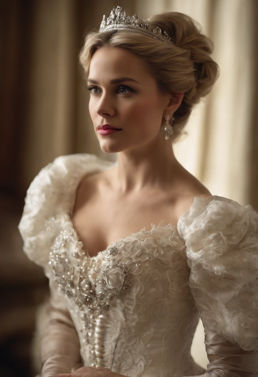 A stunningly beautiful blonde fairytale Princess Reese Witherspoon shining with Royal Pomp and Regal Splendor, wearing a Stately and (((Elaborate))) Royal Cinderella Ballgown of Silver and White Brocade, with (((enormous puffed sleeves))) a stiffly boned, padded and corseted bodice, an hourglass waist, a (((huge crinoline hoopskirt))) and (((bustle))), adorned with ribbons, bows, roses, lace, ruffles, frills, embroidery, and jewels, elaborately curled and styled hair, long white gloves, pearl and diamond necklace and earrings