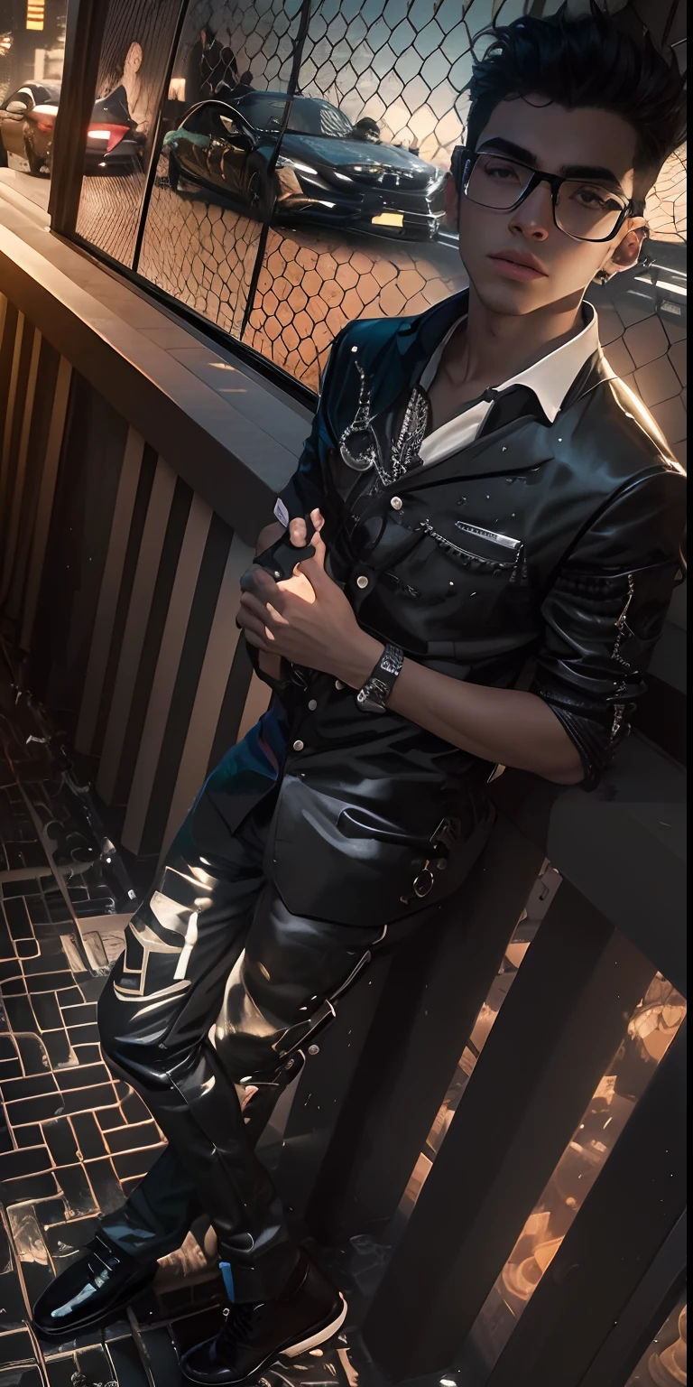An 18-year-old young man wearing black glasses and a black suit with short black hair rides a black Mercedes in a luxurious garage full of beautiful colored cars ,8k --auto --s2