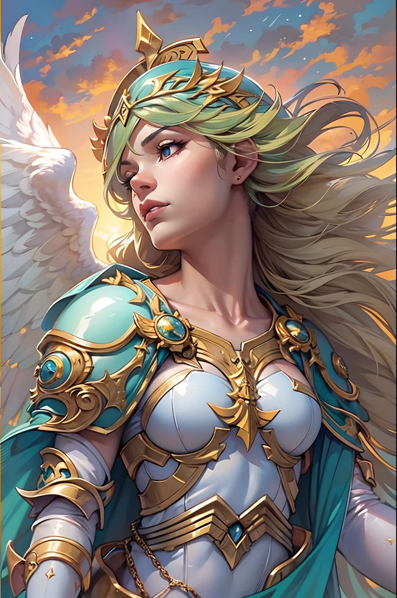 Anjo com asas longas brancas e douradas, usando um manto, Flying position, capuz, azul gelo, Golden sky with white clouds, Paramentos sagrados, Landscape, gothic armor, Angel with mm Aurelia