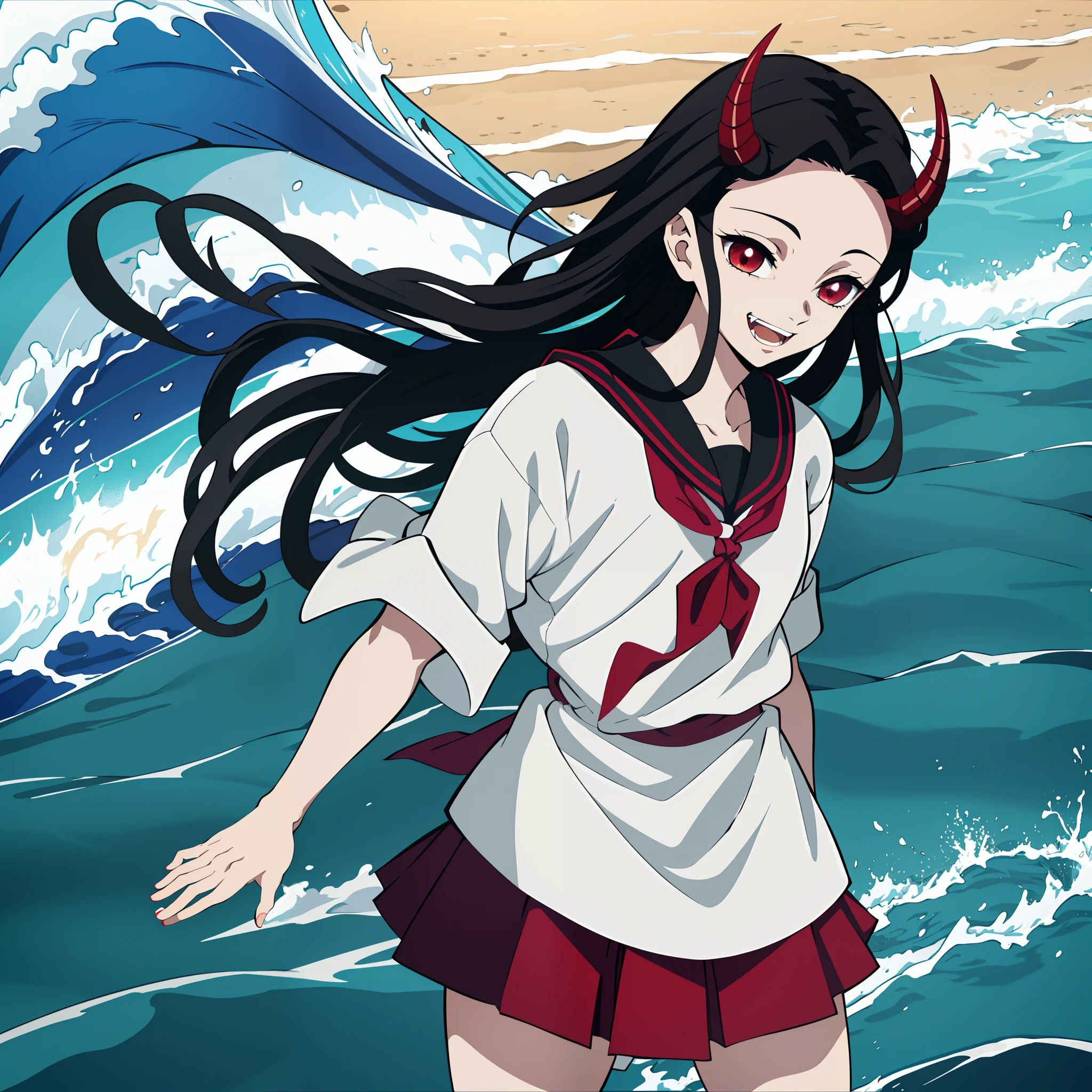(masterpiece, best quality:1.2), kimetsu no yaiba style, kamado nezuko, (1girl, solo), 18years old, upper body, (komi_sch, sailor suit, school uniform), (black long hair, wave hair), forehead, (red demon horns, red eyes), (evil smile:1.2), long fangs, (waving hand, bye-bye), standing on the dirt road