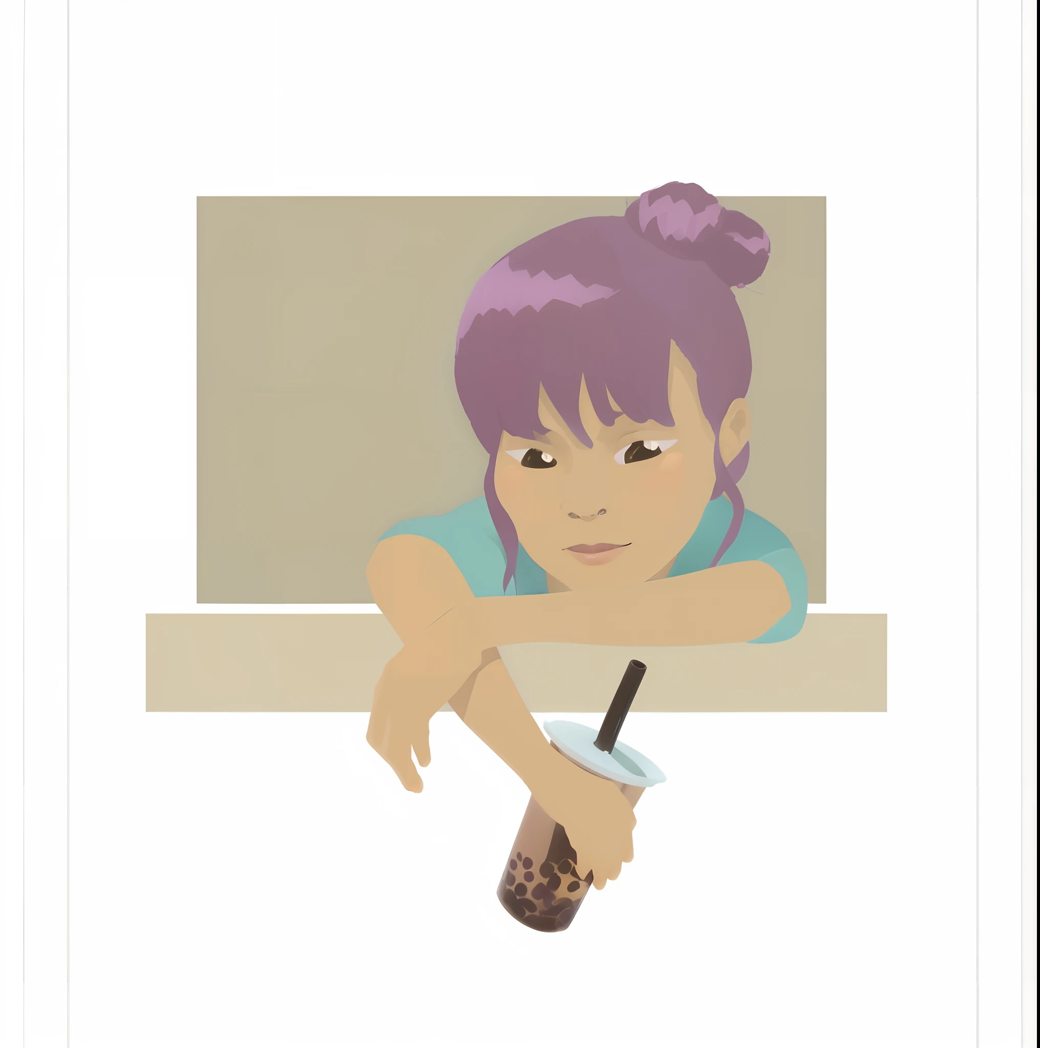 A girl, purple hair color, green shirts, holding boba drink, on the table