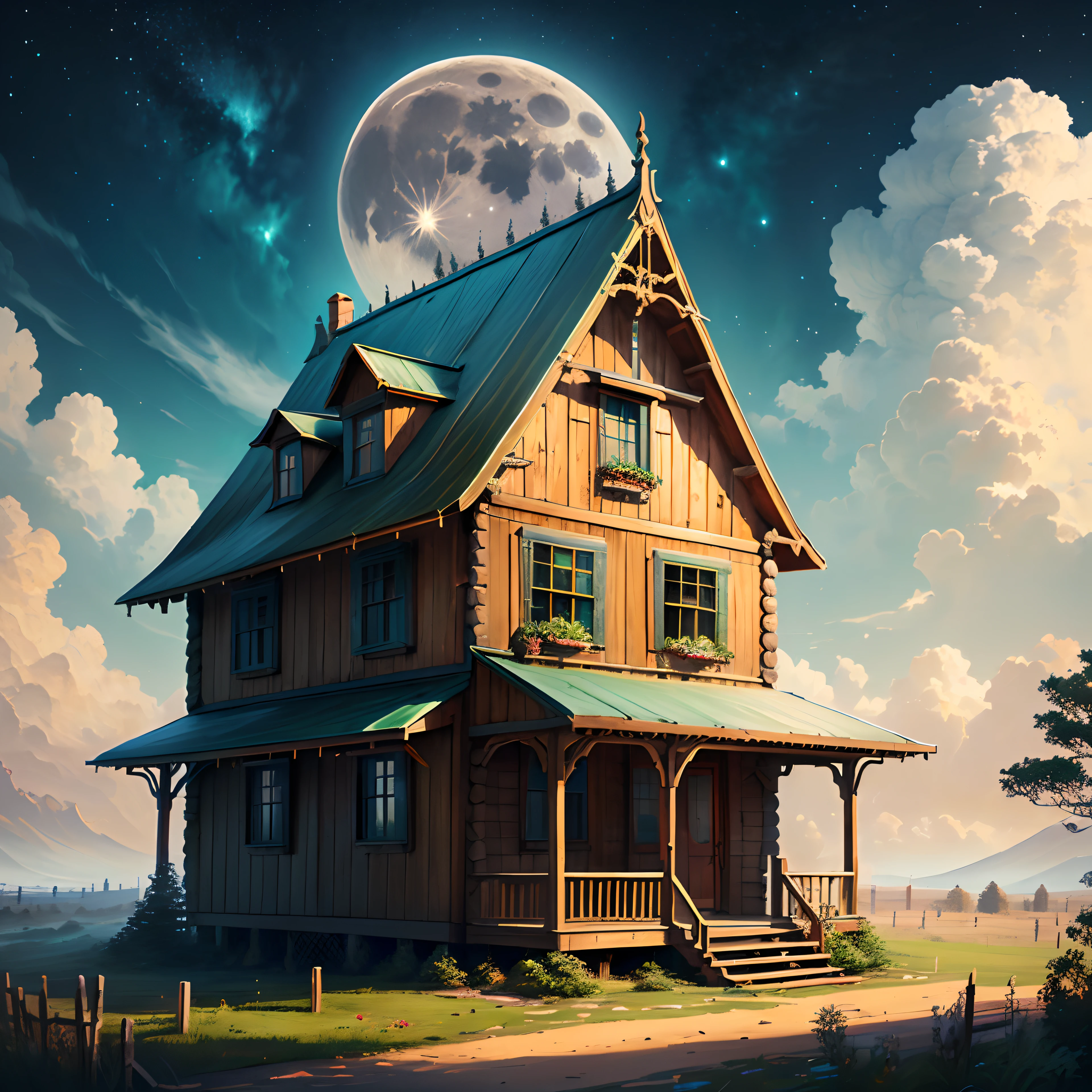 Wooden house in moon