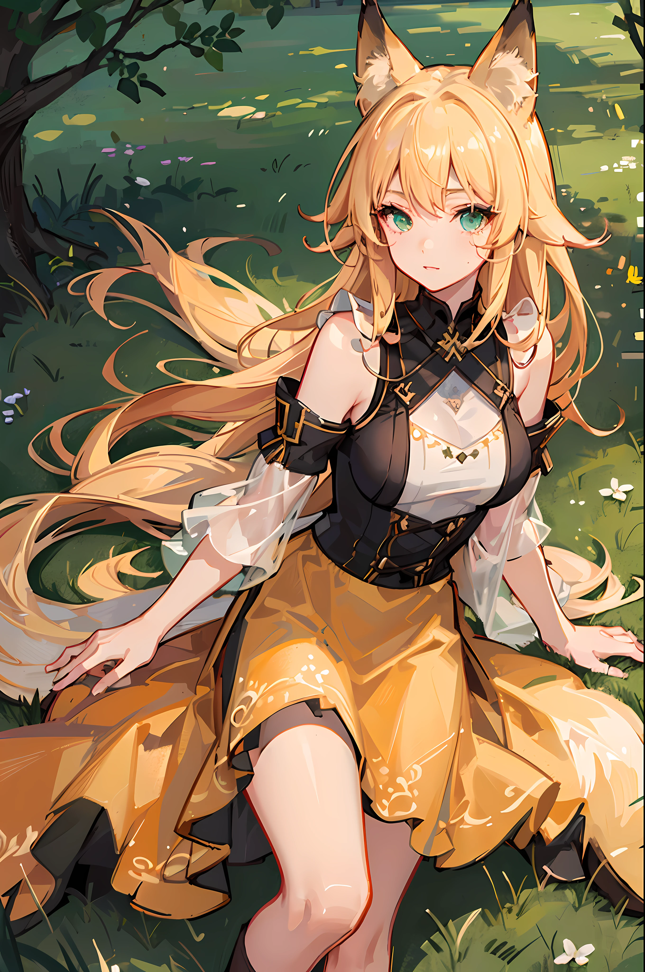 (Masterpiece, best quality, beautiful eyes, highly detailed, high res), 1girl, fox girl, fox ears, fox tail, blonde hair, green eyes, freckles, country girl, southern girl, mature woman,