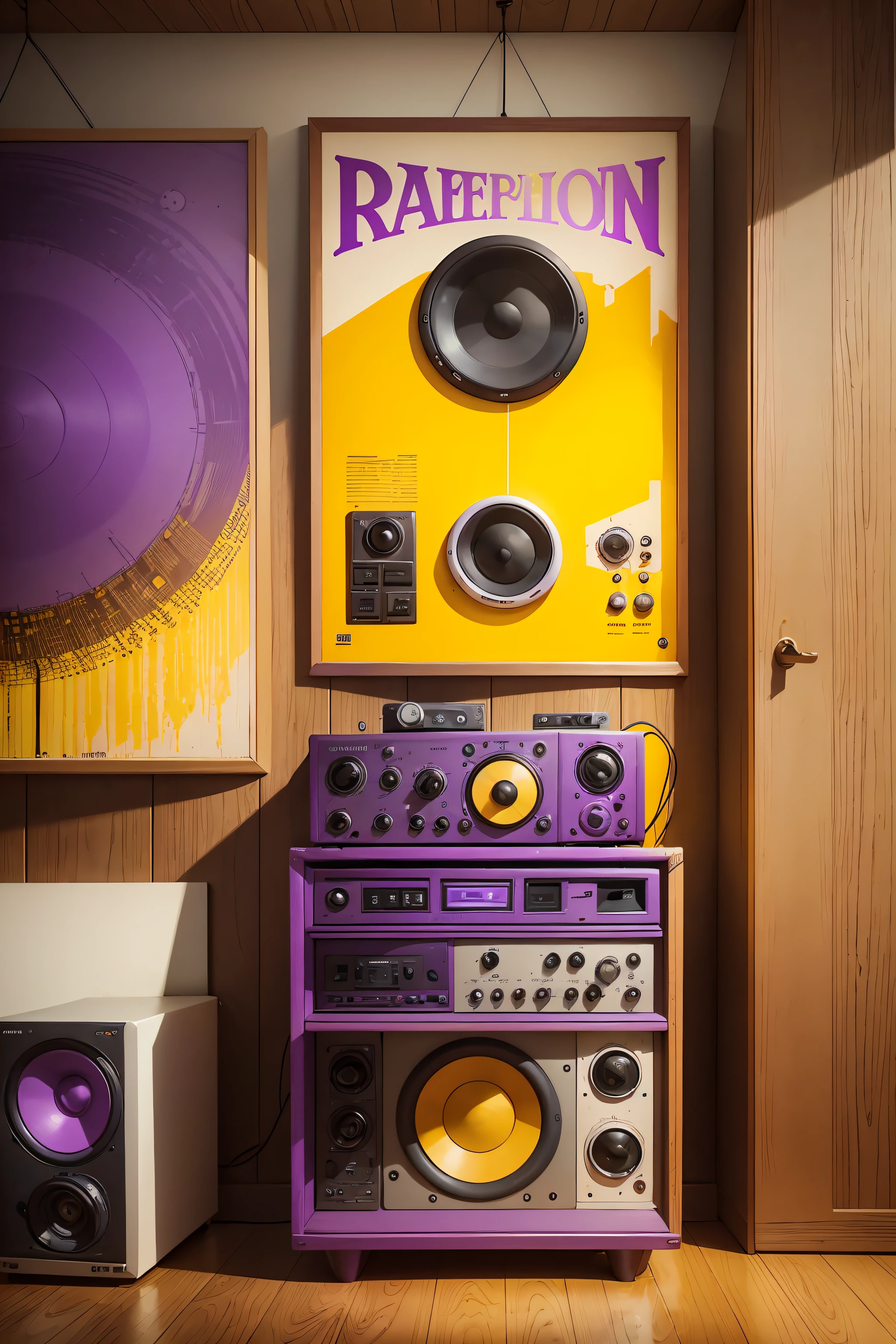 purple and yellow radio and speakers on a wooden table in a room, music poster, yellow purple, poster, purple and yellow, poster composition, yellow and purple color scheme, posters, yellow and purple tones, poster style, poster vintage, a poster, poster in 8 0 s style, poster artwork, poster colour on canvas, lavander and yellow color scheme