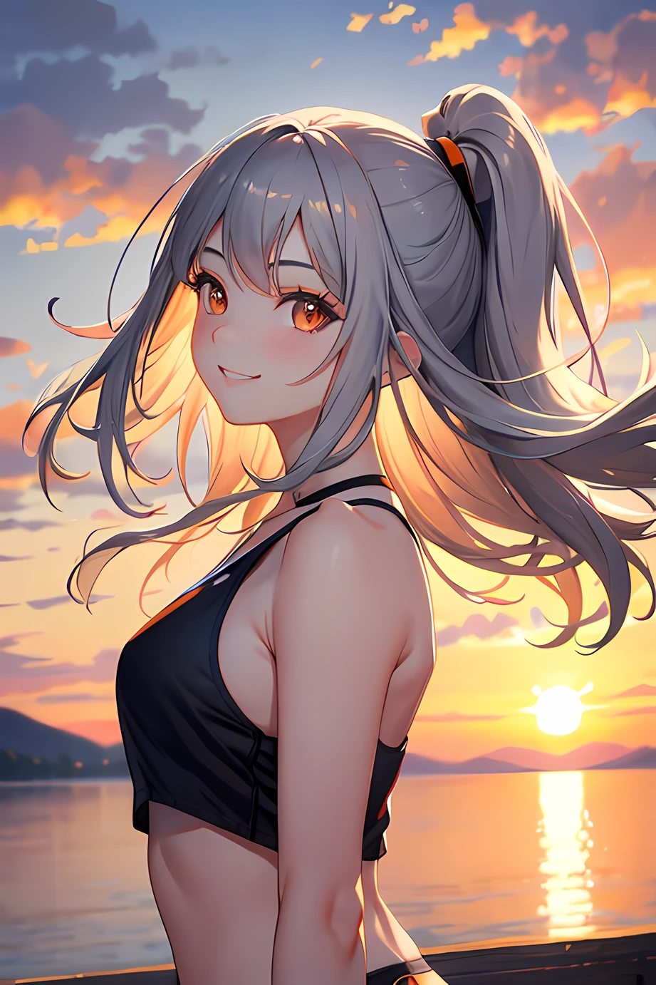 masterpiece, best quality, 1 girl, gray hair, orange eyes, cute, purple tank top, midriff, smile, sunset, upper body