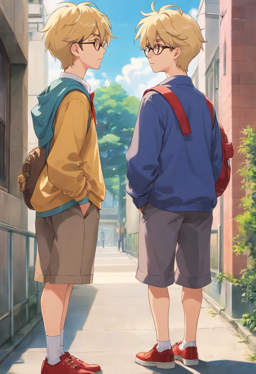 Two high school boys standing and having a conversation。
It looks like a Showa shonen manga。japanese hight school uniform、I'm wearing a school run。
One is blonde and wears no glasses。Has a fluffy hairstyle。
The other is an otaku with dark hair and glasses。
Both are Japan people。