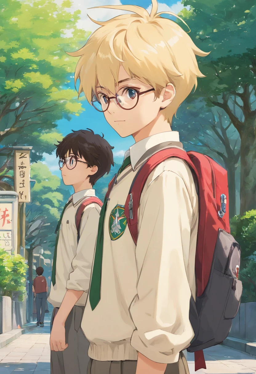 Two high school boys standing and having a conversation。
It looks like a Showa shonen manga。japanese hight school uniform、I'm wearing a school run。
One is blonde and wears no glasses。Has a fluffy hairstyle。
The other is an otaku with dark hair and glasses。
Both are Japan people。