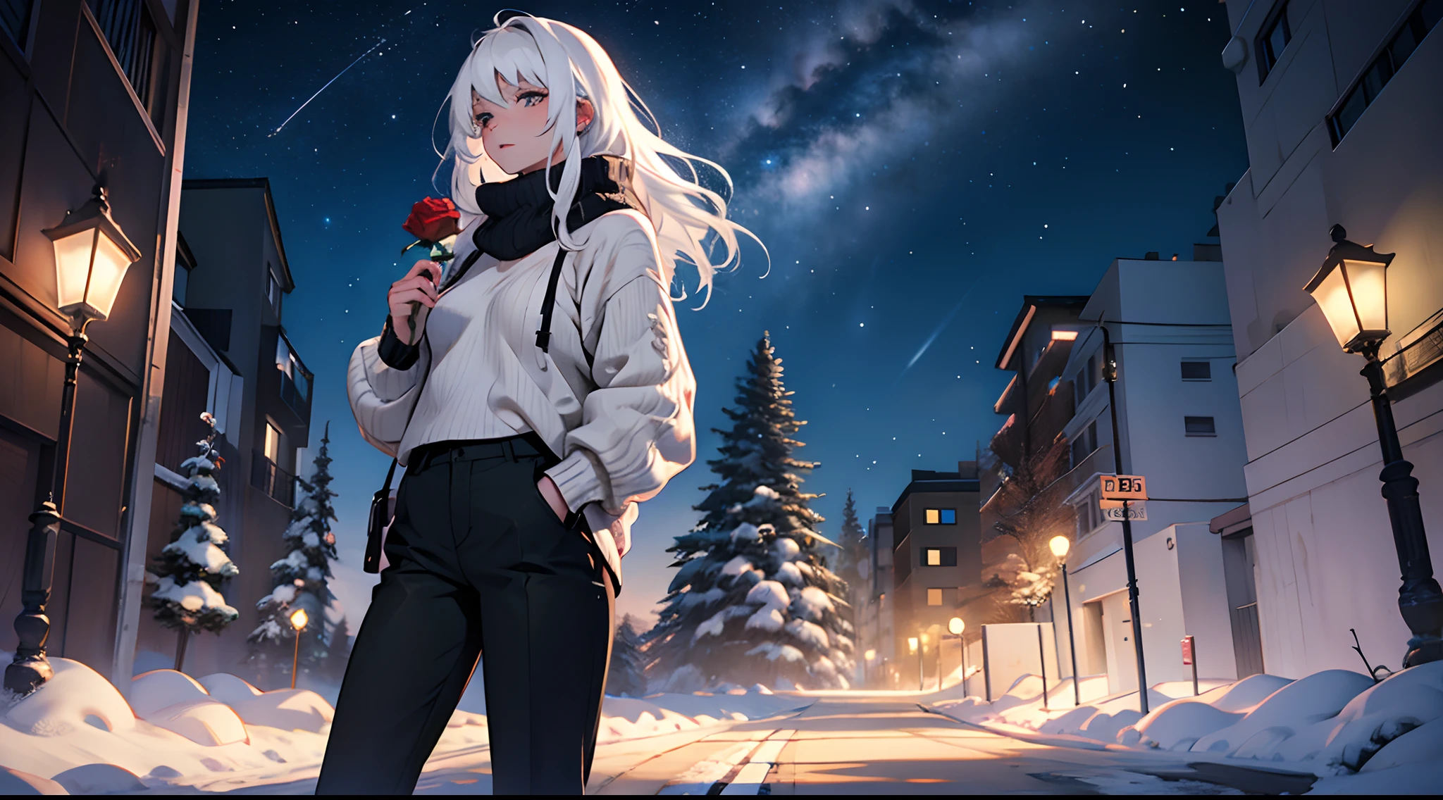 1 girl white hair, night time, winter season, stars , wearing a sweater and a black pants, holding a rose in her hand