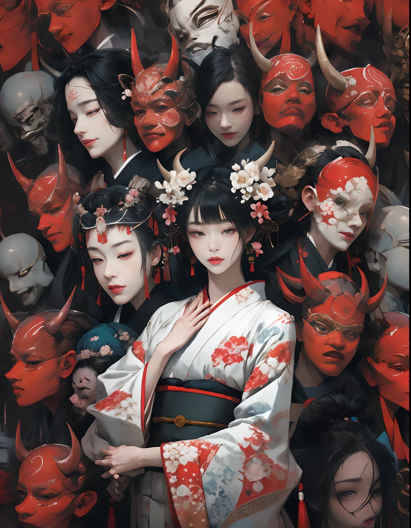 (masterpiece:1.2), best quality,PIXIV,
black hair, japanese clothes, floral print, 1girl, hair ornament, horns, sitting, looking at viewer, flower, kimono, blue eyes, hair flower, earrings, long hair, haori, jewelry, own hands together, tassel, wide sleeves, red eyes, closed mouth, long sleeves, print kimono, black kimono, hakama, bangs, smile