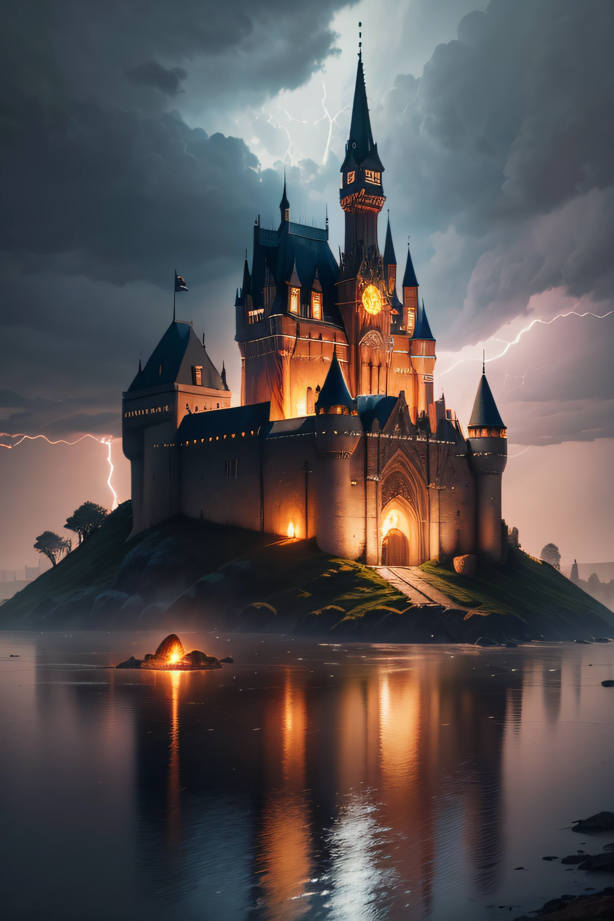 (late afternoon):0.9, (dense atmosphere):0.8, (feeling cold):0.7, (castle):1.2, (medieval):1.1, (storm):1.4, (lightning):1.3, (rain):1.2, (drizzle):1.2, (detailed 8k):1.5.