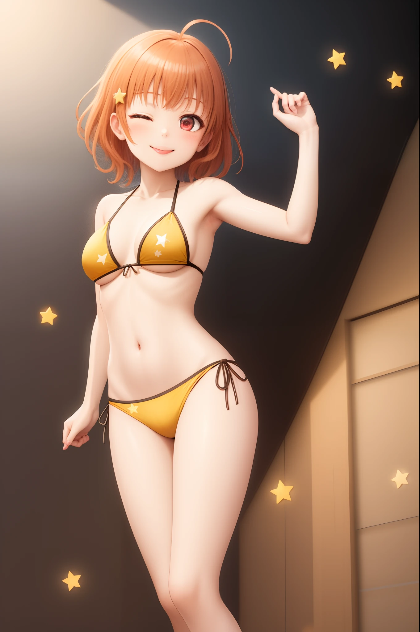 masterpiece, best quality, (1girl:1.000), (takami chika:1.000), (bikini:0.995), (side-tie bikini:0.992), (swimsuit:0.991), (red eyes:0.988), (solo:0.985), (yellow bikini:0.981), (one eye closed:0.966), (navel:0.962), (star \(symbol\):0.958), (braid:0.937), (ahoge:0.924), (yellow footwear:0.921), (orange hair:0.880), (yellow bow:0.852), (smile:0.836), (breasts:0.834), (bangs:0.812), (v:0.810), (tongue:0.792), (tongue out:0.785), (armpits:0.781), (standing:0.768), (medium breasts:0.760), (side braid:0.744), (short hair:0.693), (;q:0.639), (v over eye:0.609), (blush:0.598), (bow:0.588), (full body:0.572), (hair ornament:0.560), (looking at viewer:0.543), (simple background:0.524), (orange bikini:0.503)