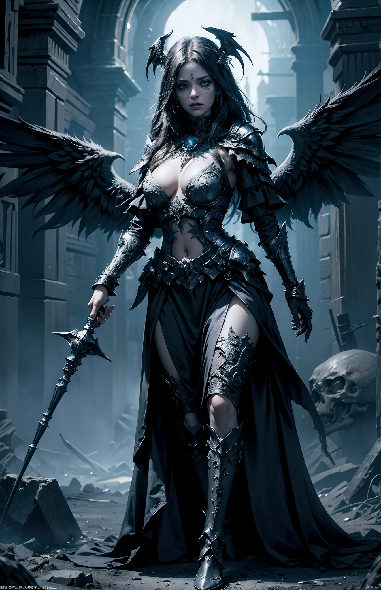 (extremely detailed 8k wallpaper),a full body shot photo of a fearful undead female necromancer holds in left hand a mace with a skulltop and in the right hand she holds a shield,2 Wings, intricate, high detail, dramatic,