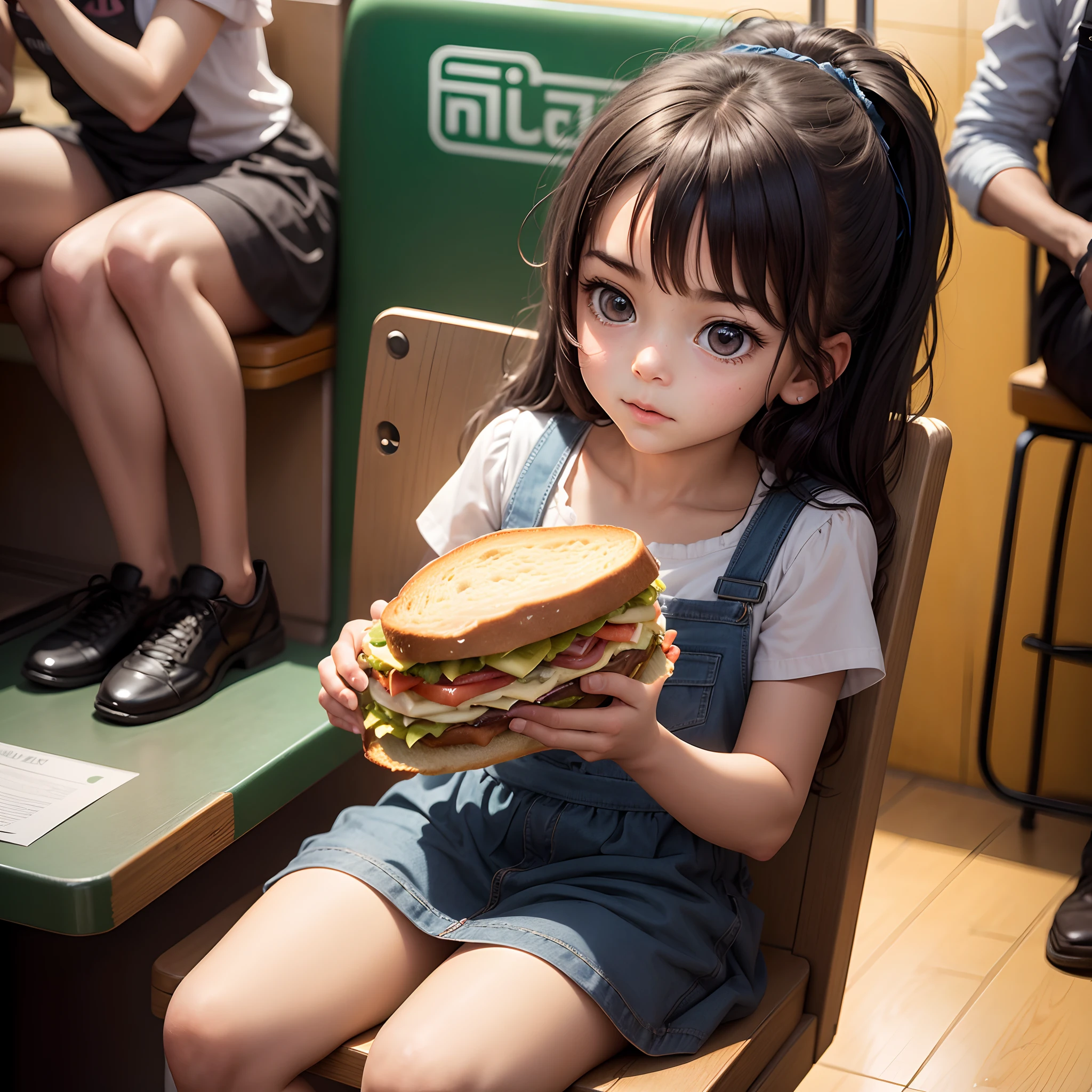 Imagine a scene of a young girl sitting in a Subway restaurant, eagerly taking a bite of his freshly-made sandwich. Describe the boy's expression and the delicious ingredients inside the sandwich