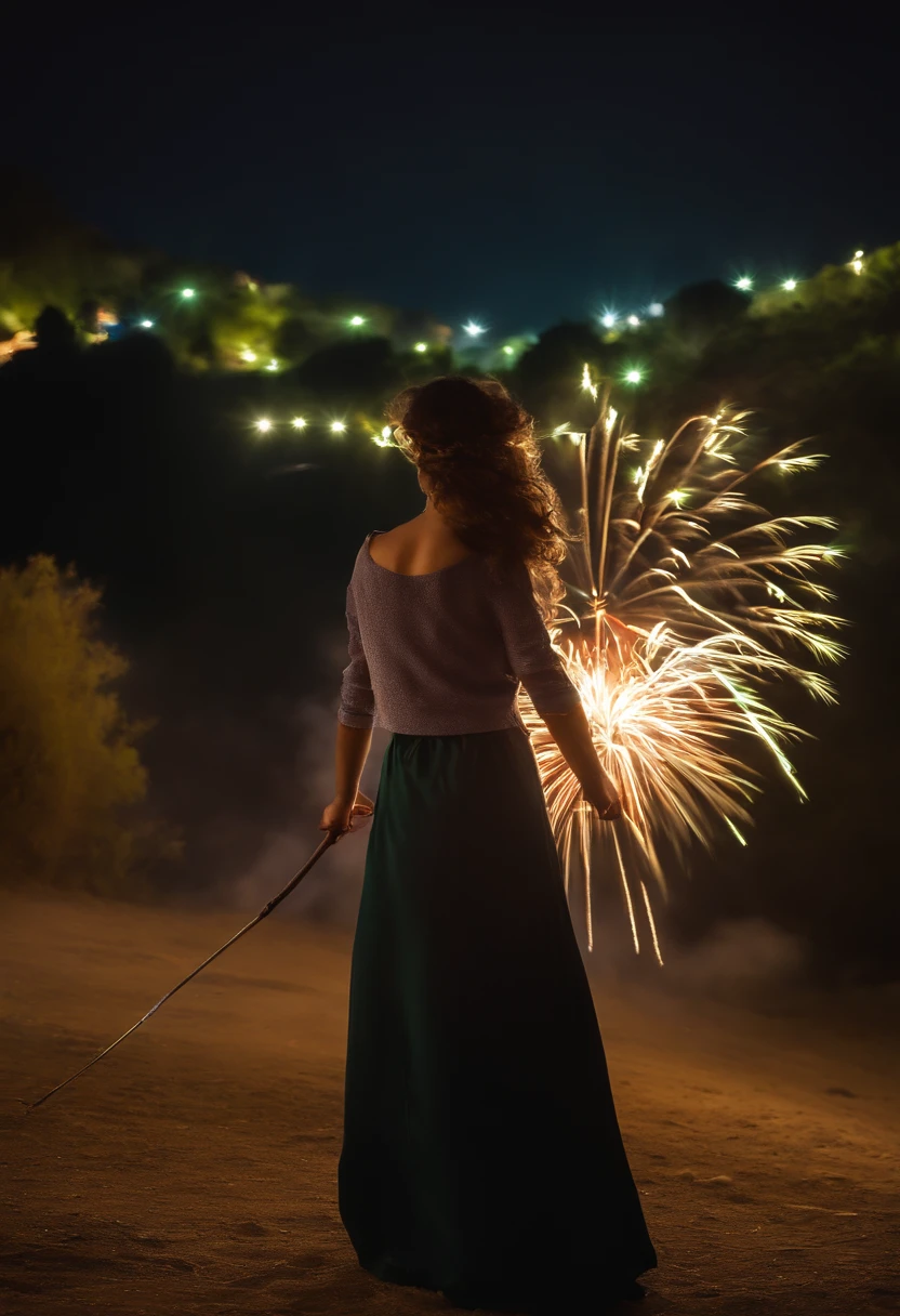 Shepherdess with a cane, falda muy ornamentada, cara guapa, obra maestra, calidad ultra, fuegos artificiales, pueblo, fiestas, Castellón de la Plana, pueblo rural de fondo, catedral de fondo, gente bailando de fondo, Cartel A2, estilo realista, graphic design, colores verdes, noche iluminada por fuegos artificiales, reflejos, fondo extremadamente detallado, mejor calidad, muy detallado, obra maestra