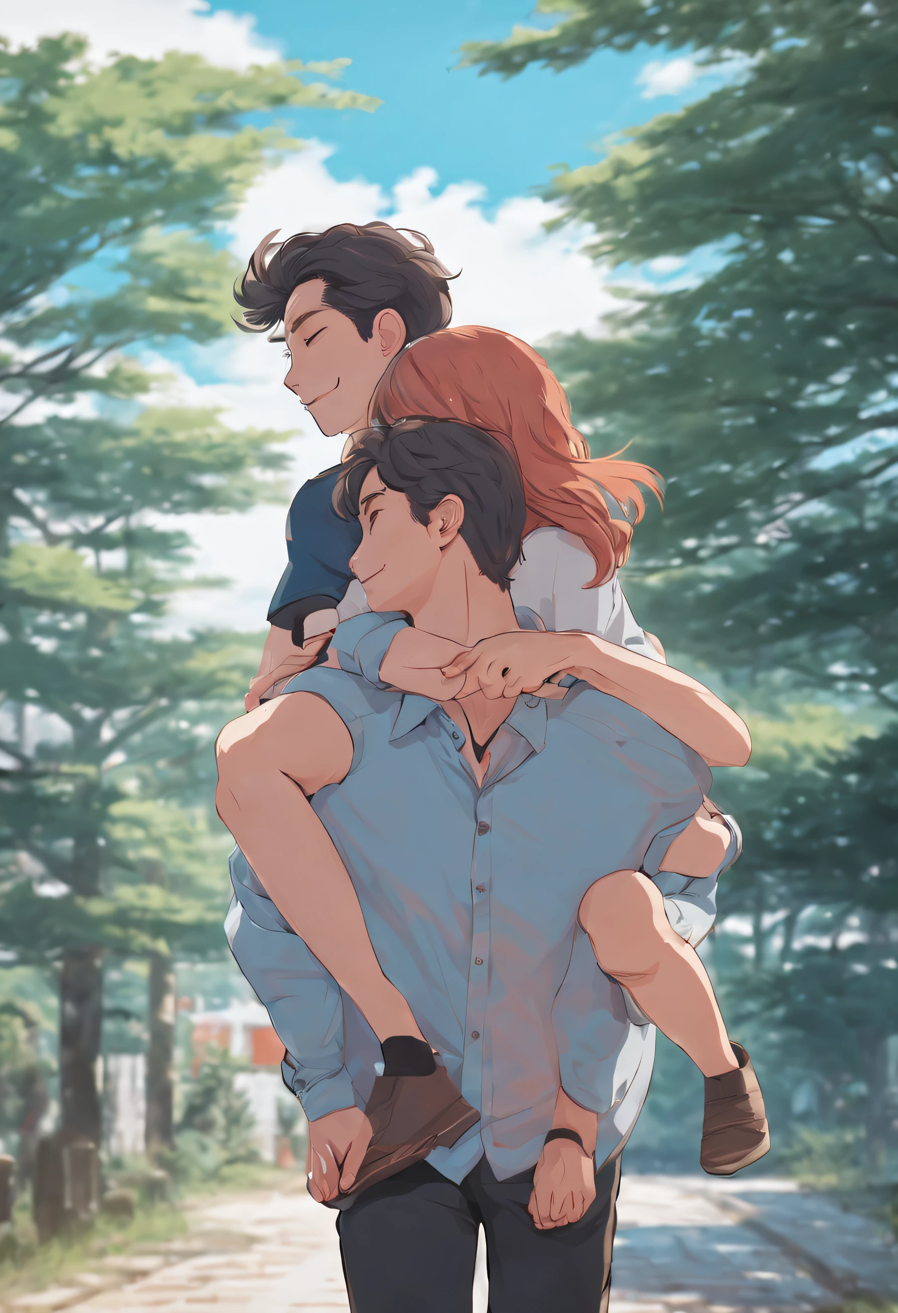 A close-up of a person carrying a person on his back, couple pose, Guviz, illustratio, trending on artstration, Anime Pictures, High-quality fanart, lovely art style, Accurate depiction, Guviz-style artwork, beautiful drawing style, exciting illustration, anime lover, cute couple