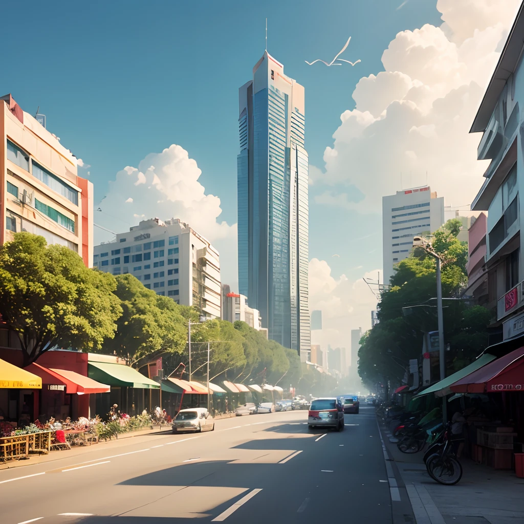 Design a photo of Ho Chi Minh City in Vietnam, including Lammark 81 building, Notre Dame house, Ben Thanh market, transportation system, roads, trees, 1 bus, 1 tram, 1 car  , sky above, clouds, flock of birds flying.