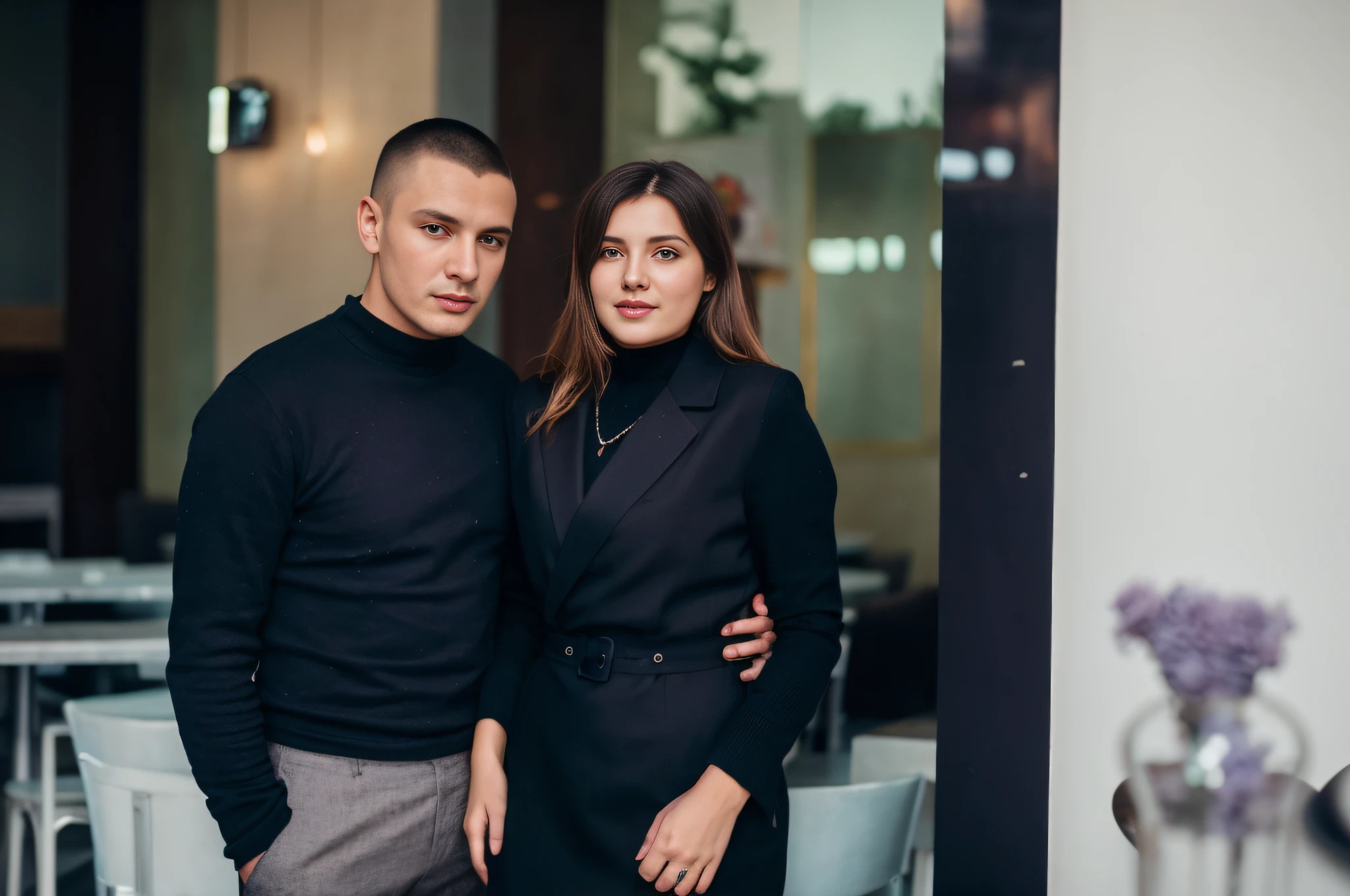 Two people stand next to each other in a restaurant, jovana rikalo, by Emma Andijewska, in style of kyrill kotashev, by Zofia Stryjenska, alexandra fomina, by Maksimilijan Vanka, dasha taran, viktoria gavrilenko, anna nikonova, alina ivanchenko