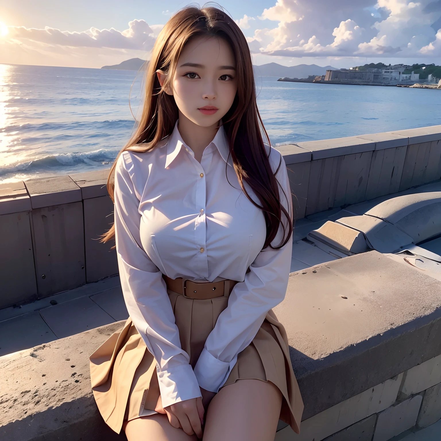 top-quality, ​masterpiece, high-detail, 16k picture quality,Photonic style, At the coastline where the sun sets over the sea, a beautiful high school girl in a uniform is sitting. She has medium-length light brown hair, and she’s wearing a white blouse and a pleated skirt. , plump big breasts, Constricted waist, red blush, The sky is dyed orange, and crimson clouds are shining beautifully in the light of the setting sun. It’s an impressive landscape that resembles a photo capturing this moment.