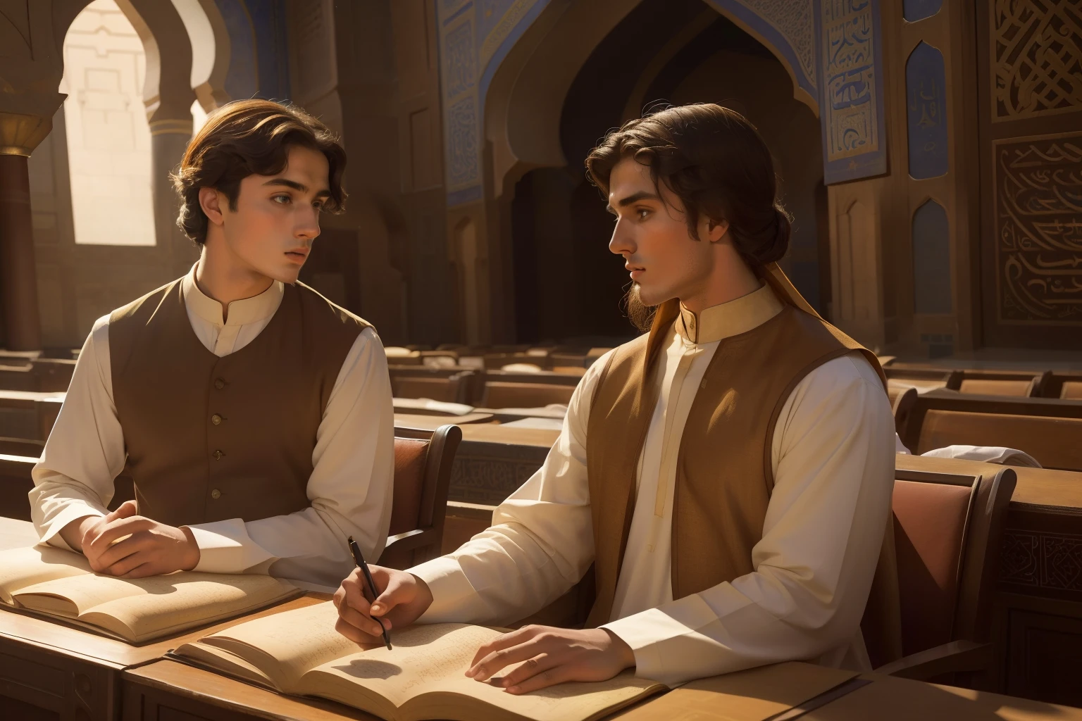 Year: 11th century. Location: Isfahan. Pre-raphaelite scene with a 21-year-old english man, assisting a university class in an anfitheatre, ((look of wonder)), ((((11th century plain arab clothes)))) ((11th century hairstyle)), (((cinematic style)))