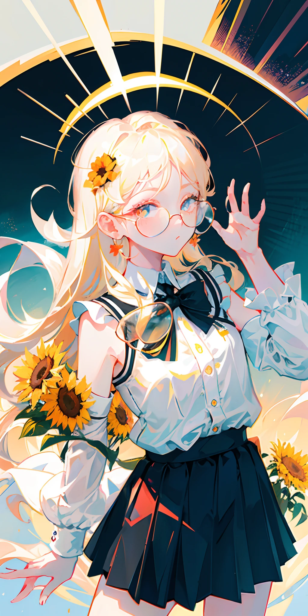 Best quality, super high resolution, (realism: 1.4), 1 female, sleeveless white button-down shirt, black skirt, black collar, ((glasses)), (Kpop idol), (aegyo sal: 1), (platinum blonde: 1), ((puffy eyes)), looking at viewer, full body, flowers