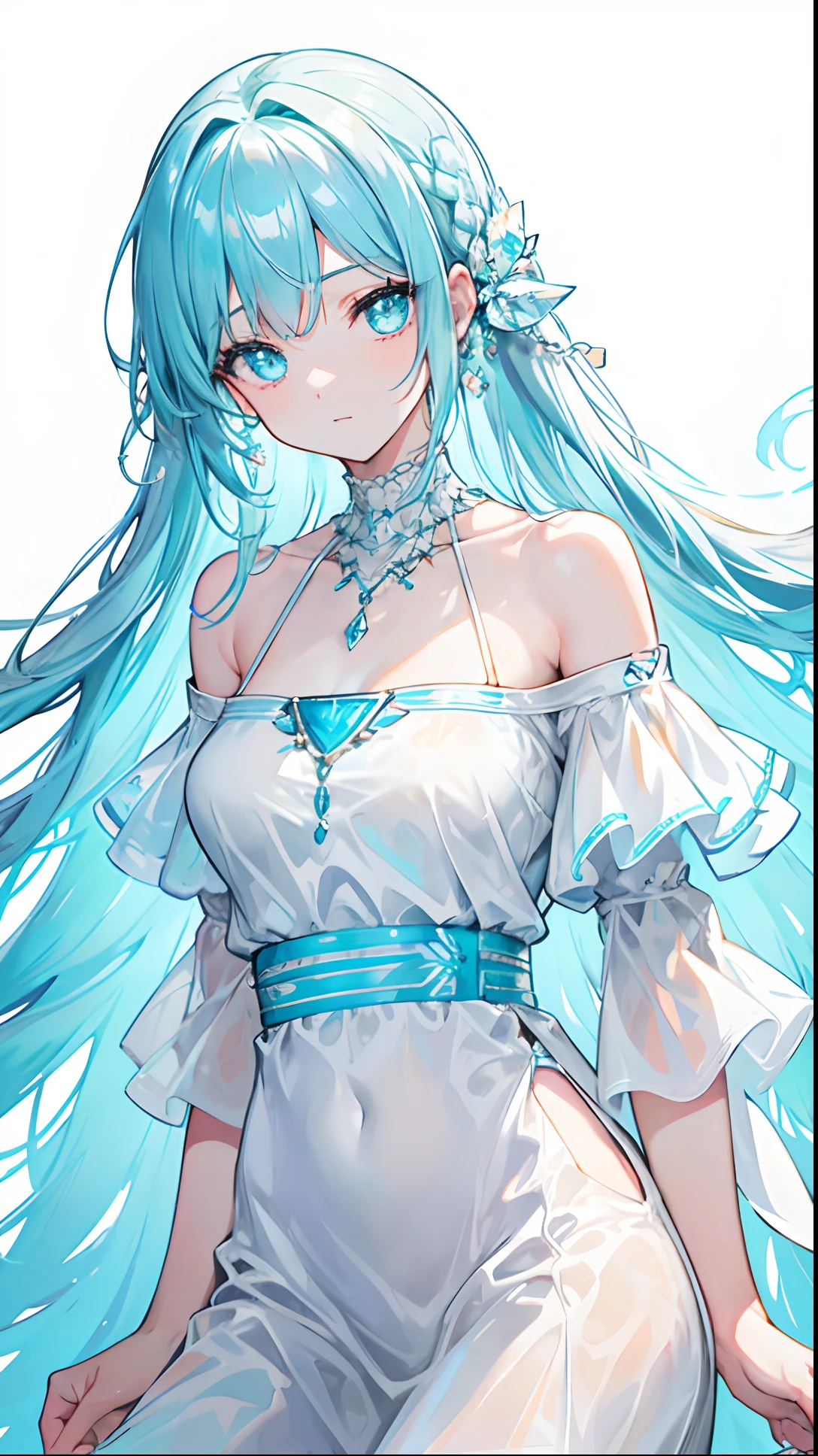 With braids,Shiny, Moist and crystal clear face,It has a lovely feel,Light cyan and light yellow color scheme,Wear a simple, solid off-the-shoulder T-shirt,Around his neck hangs a crystal clear silver necklace