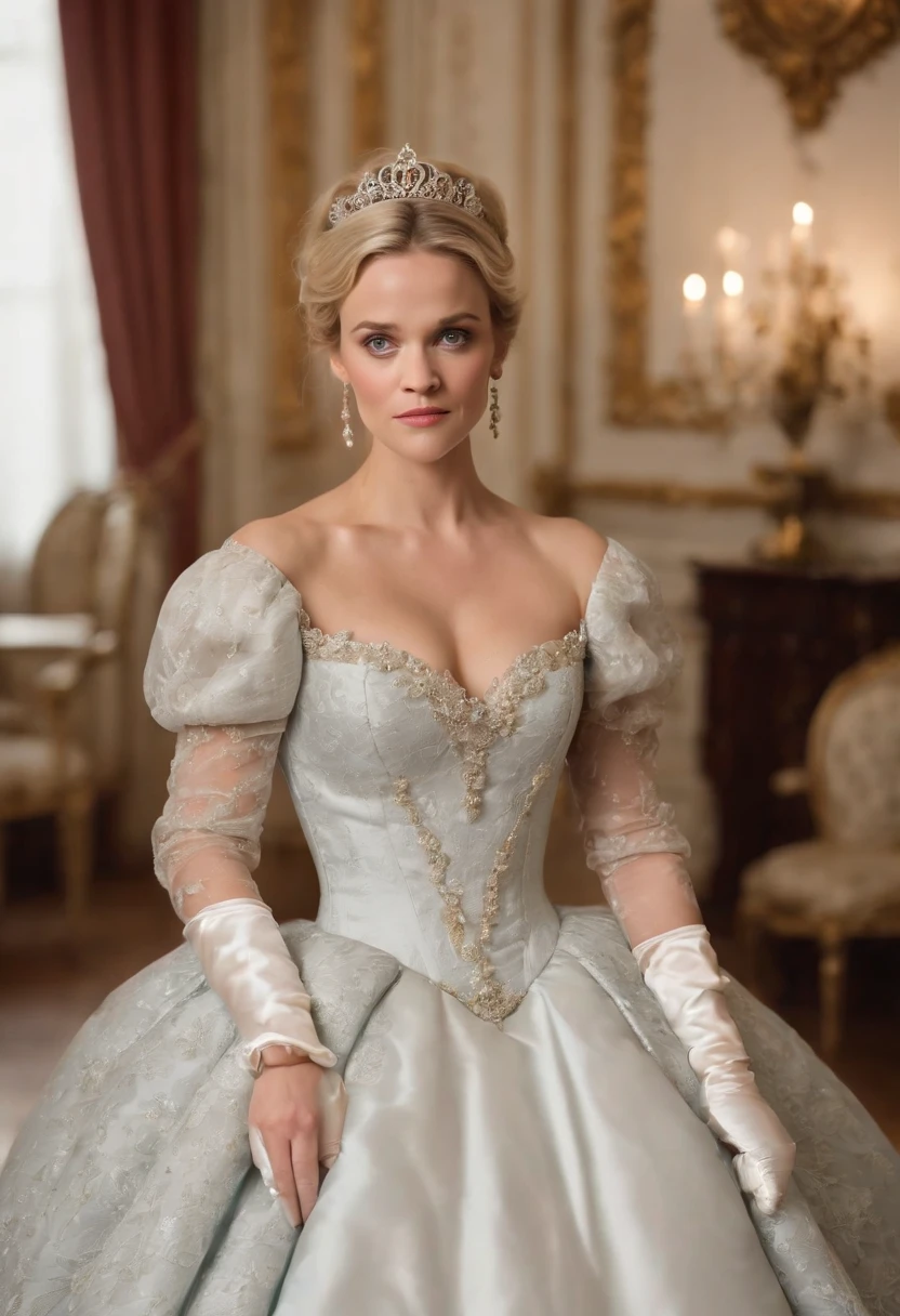 A stunningly beautiful blonde fairytale Princess Reese Witherspoon shining with Royal Pomp and Regal Splendor, wearing a Stately and (((Elaborate))) Royal Cinderella Ballgown of Silver and White Brocade, with (((enormous puffed sleeves))) a stiffly boned, padded and corseted bodice, an hourglass waist, a (((huge crinoline hoopskirt))) and (((bustle))), adorned with ribbons, bows, roses, lace, ruffles, frills, embroidery, and jewels, elaborately curled and styled hair, long white gloves, pearl and diamond necklace and earrings