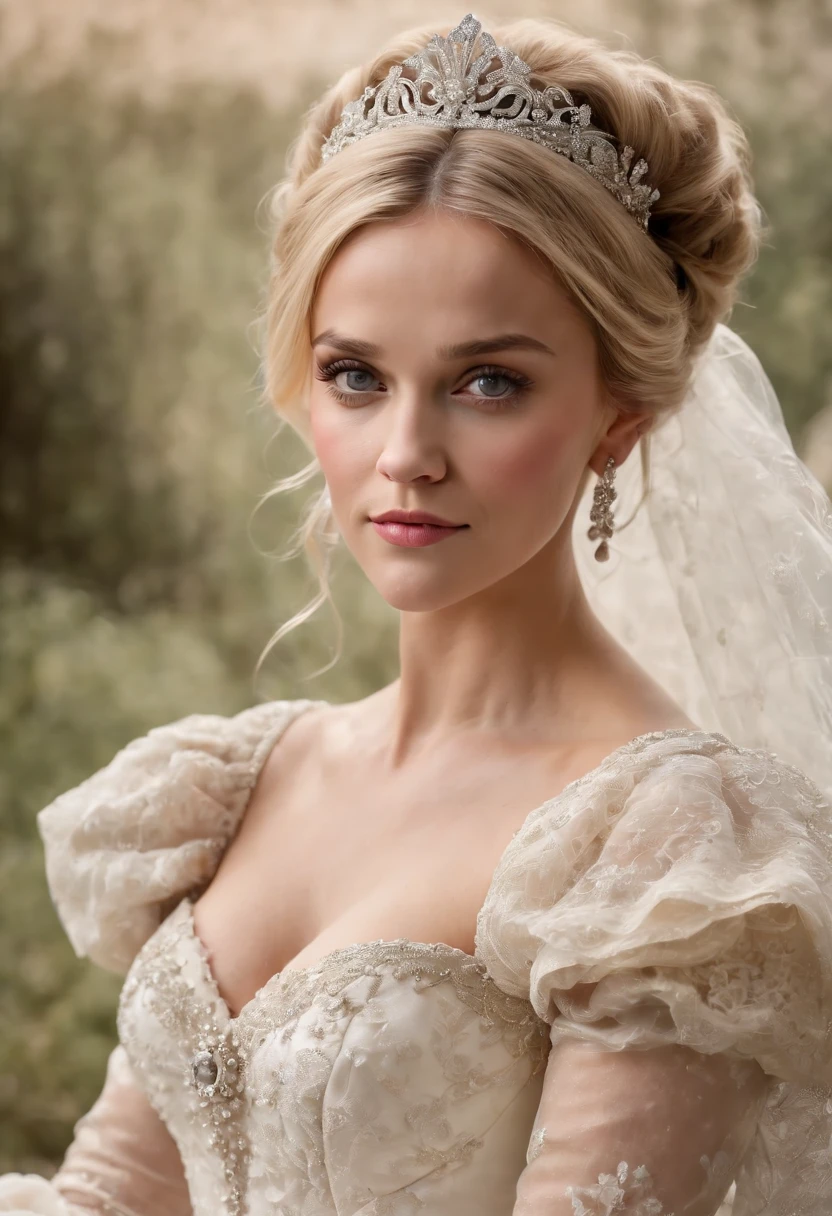 A stunningly beautiful blonde fairytale Princess Reese Witherspoon shining with Royal Pomp and Regal Splendor, wearing a Stately and (((Elaborate))) Royal Cinderella Ballgown of Silver and White Brocade, with (((enormous puffed sleeves))) a stiffly boned, padded and corseted bodice, an hourglass waist, a (((huge crinoline hoopskirt))) and (((bustle))), adorned with ribbons, bows, roses, lace, ruffles, frills, embroidery, and jewels, elaborately curled and styled hair, long white gloves, pearl and diamond necklace and earrings