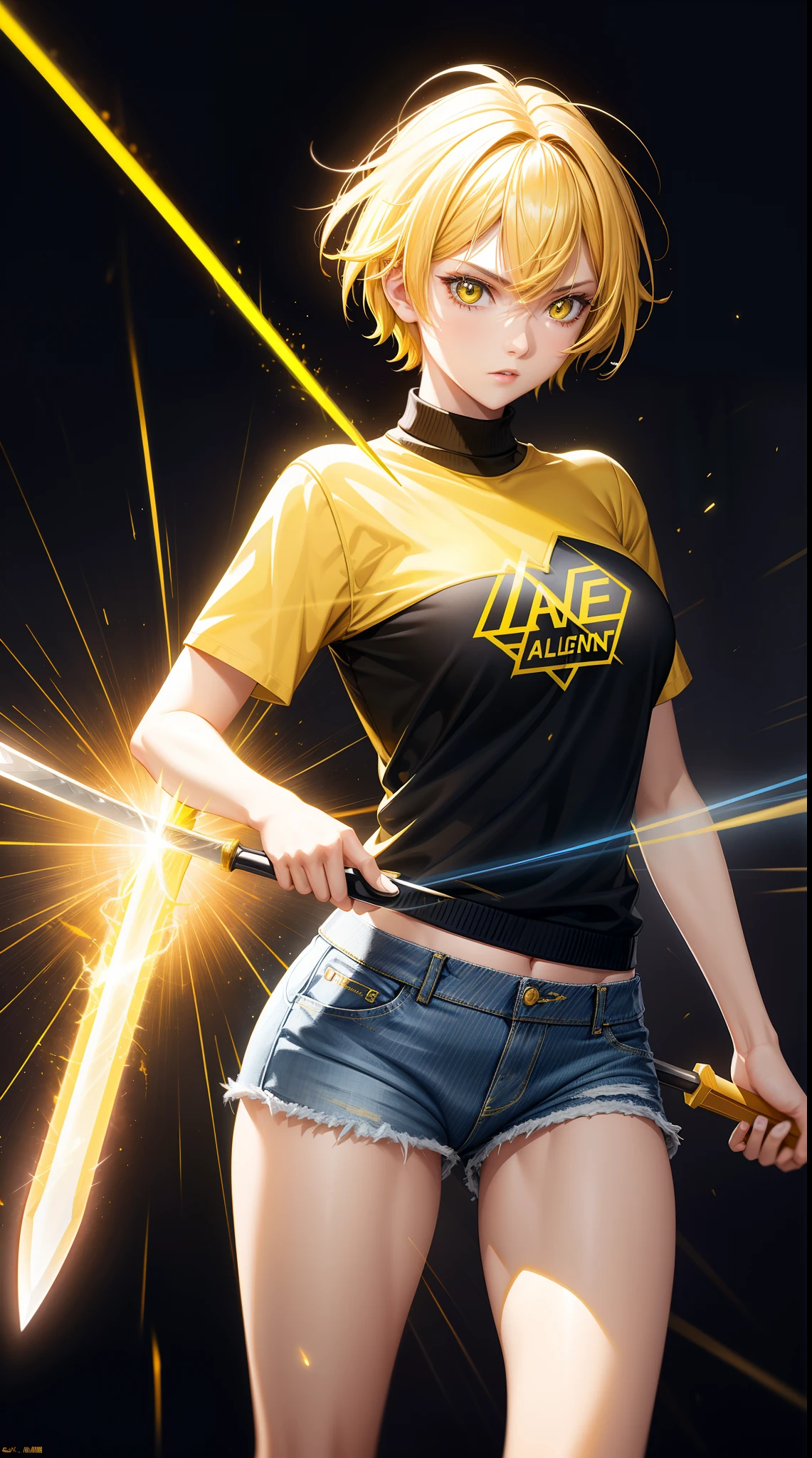 Woman, Hold a yellow sword with a yellow lightning emblem,  yellow short hair, yellow eyes, yellow short shirt, black hotpants jeans, black sweater,HD lighting and dark )<=(epic image quality)dark atmosphere with bright particle light(many effects in background)