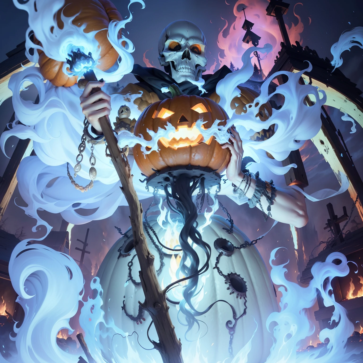 A scary skull mixed with pumpkin in the middle of the fire