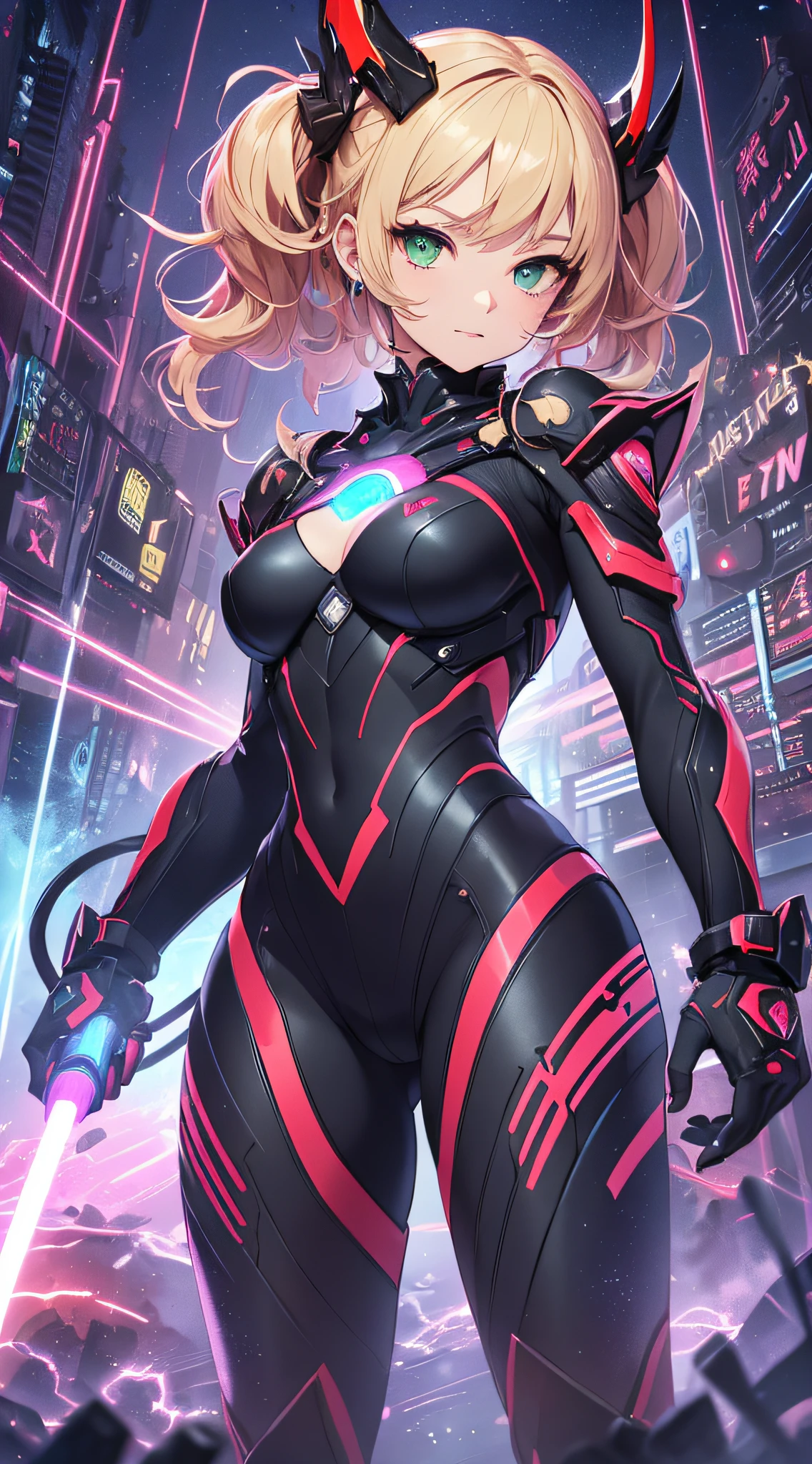 top-quality、Top image quality、​masterpiece、Android Girl((、Red, Black, red and white glowing cybersuit、Blue energy source for the chest,Best Bust、Bust 90、Blonde Away Tail、Blue-green eyes、open chest wide、Valley、Happiness、A slender、Warlike face、Stand at the front、Countless cable connections throughout the body、Particles of light、Sharp claw arm,Dual-arm laser cannon、Bruised body、battleing、Giant Cybersword、Flight Units)）hiquality、Beautiful Art、Background with((Blue lighting、Green particles、Red Laser Pointer、Purple swirl,Yellow flash、Pink lightning、Cyberfield、luminous sky))、masutepiece、Elaborate design、visualart、Theatrical films