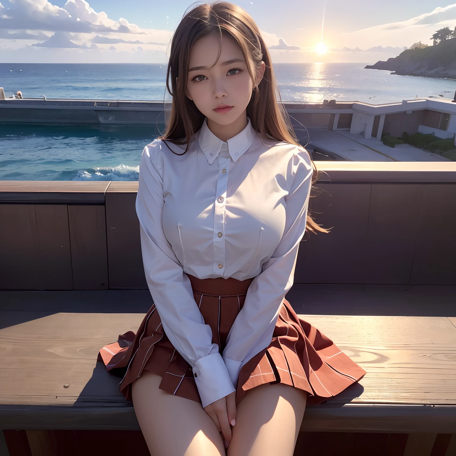 top-quality, ​masterpiece, high-detail, 16k picture quality,Photonic style, At the coastline where the sun sets over the sea, a beautiful high school girl in a uniform is sitting. She has medium-length light brown hair, and she’s wearing a white blouse and a pleated skirt. , plump big breasts, Constricted waist, red blush, The sky is dyed orange, and crimson clouds are shining beautifully in the light of the setting sun. It’s an impressive landscape that resembles a photo capturing this moment.