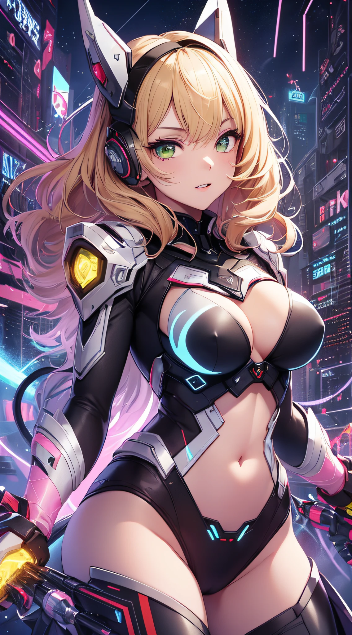 top-quality、Top image quality、masterpiece、Android Girl((sixteen years old、Red, Black, red and white glowing cybersuit、Blue energy source for the chest,Best Bust、Bust 90、Blonde Away Tail、Blue-green eyes、open chest wide、Valley、Happiness、A slender、Warlike face、Stand at the front、Countless cable connections throughout the body、Particles of light、Sharp claw arm,Dual-arm laser cannon、Bruised body、battleing、Giant Cybersword、Flight Units))hiquality、Beautiful Art、Background with((Blue lighting、Green particles、Red Laser Pointer、Purple swirl,Yellow flash、Pink lightning、Cyberfield、luminous sky))、masutepiece、Elaborate design、visualart、Theatrical films