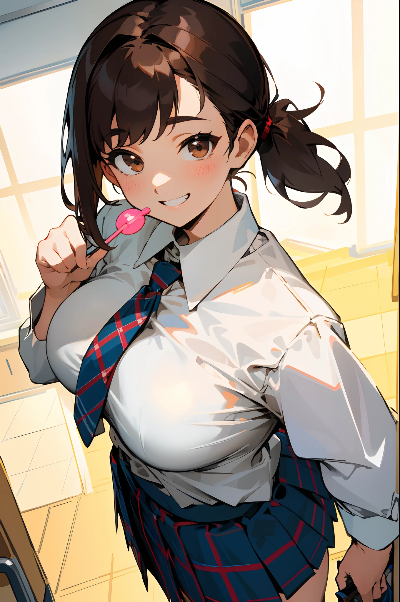 ​masterpiece, top-quality,  dark brown hair:1.5、straight haired、Pony tail、Brown eyes、Big breasts、White blouse shirt, Tartan checked skirt, The upper part of the body, From  above, Look at viewers, cheeky grin, Grinning, After-school classroom、Holding a lollipop in your right hand