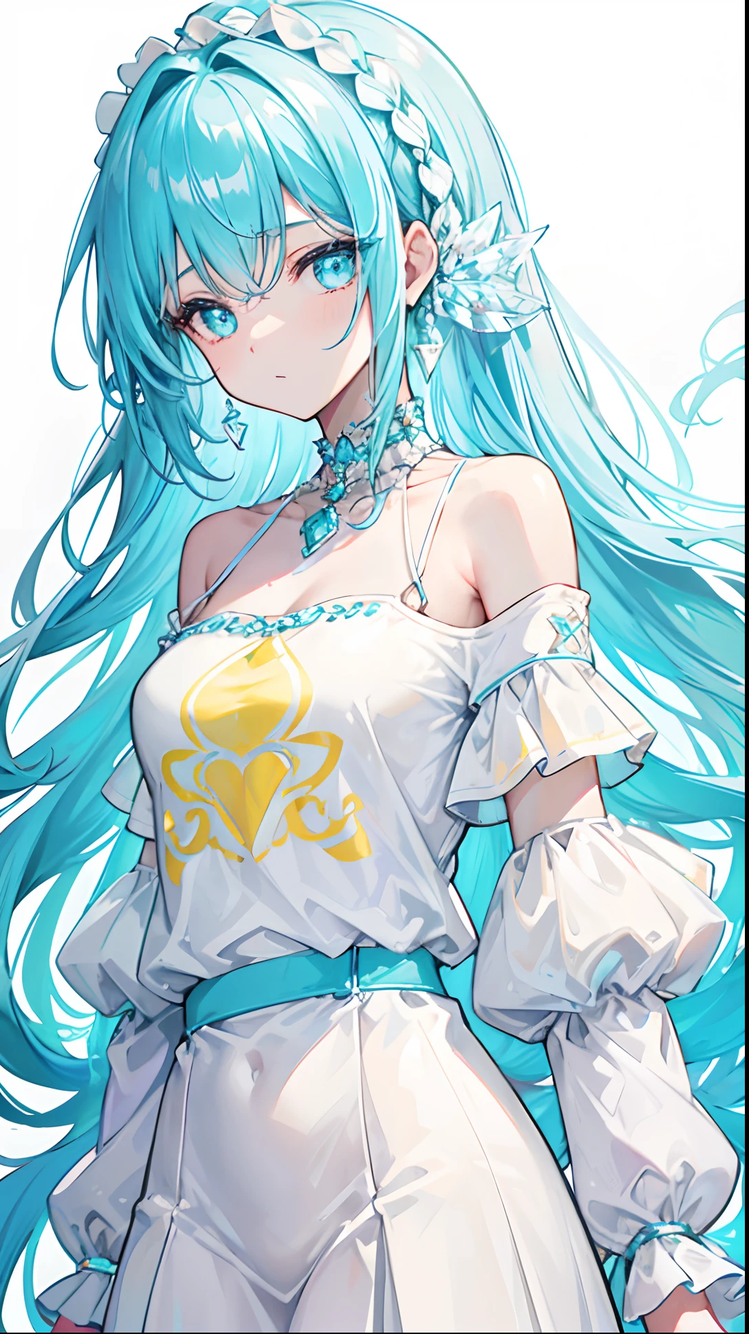 With braids，Shiny, Moist and crystal clear face，It has a lovely feel，Light cyan and light yellow color scheme，Wear a simple, solid off-the-shoulder T-shirt，Around his neck hangs a crystal clear silver necklace