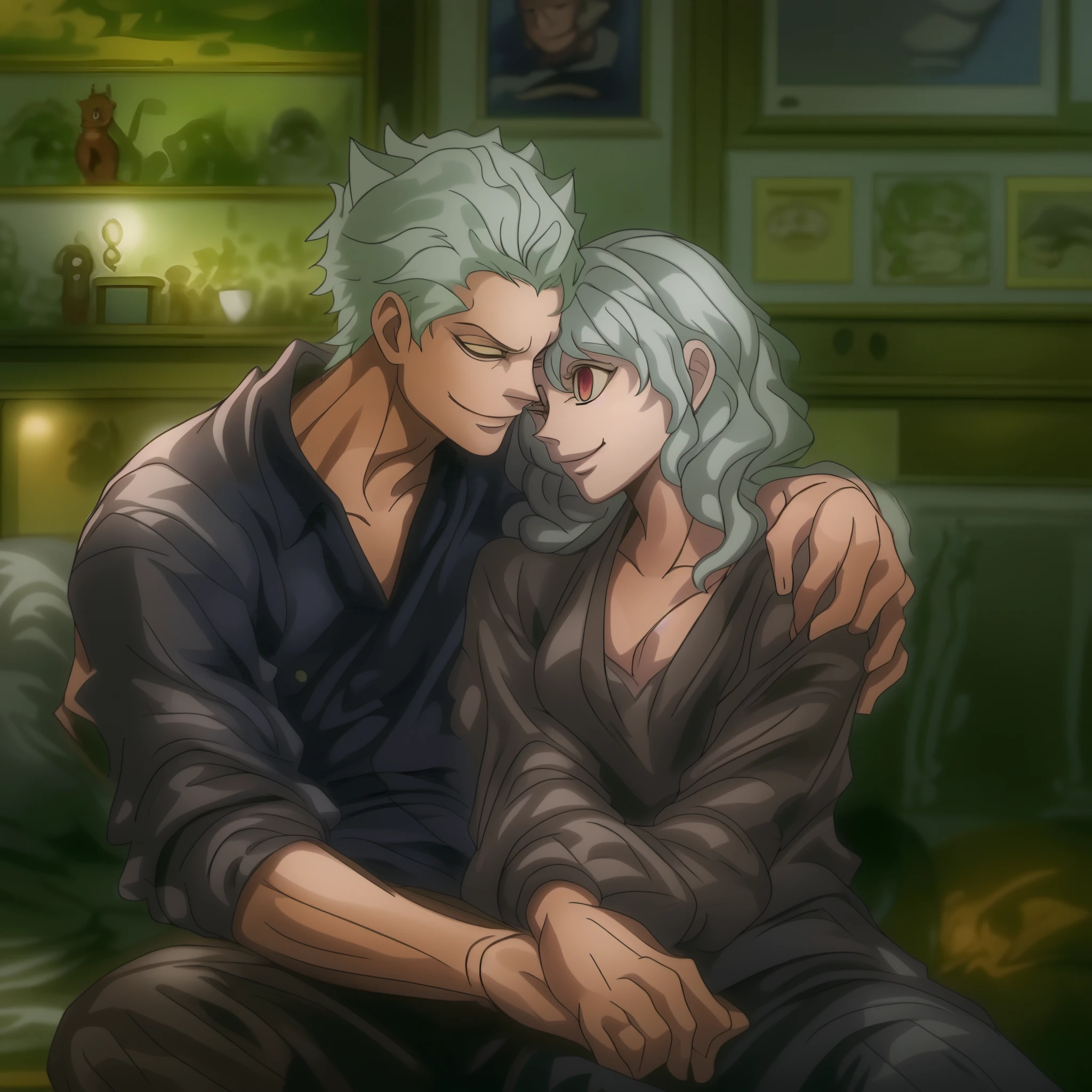 silver hair, neferpitou,green hair ,roronoa zoro,couple,husband and wife,love dovey couple,sitting,hug,kiss,smile,masterpiece:1.2,ultra-detailed,realistic:1.37,portraits,vivid colors,warm tones,soft lighting, one piene, hunterxhuntet, catgirl