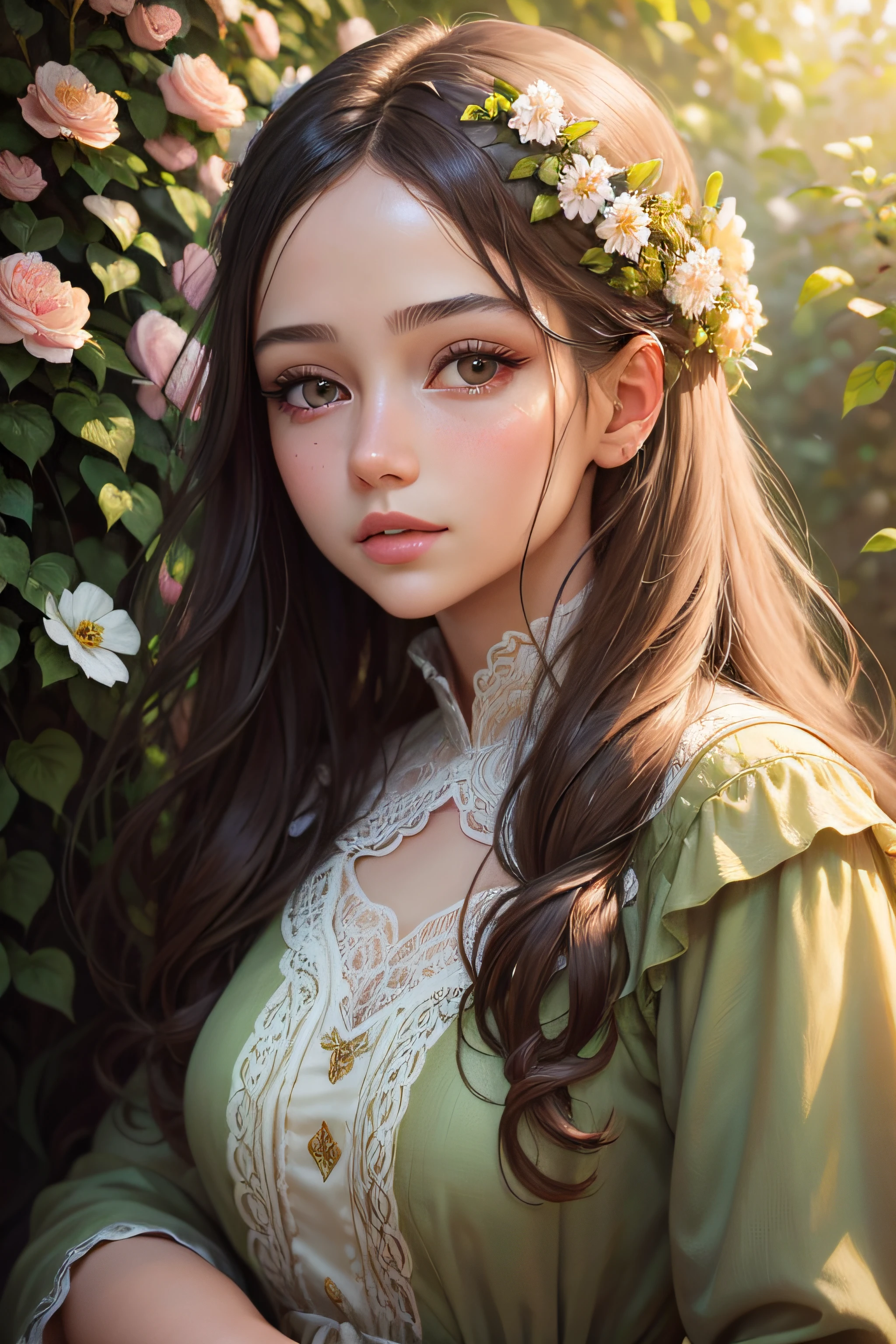 oil painting, a girl in a garden, beautiful detailed eyes, beautiful detailed lips, extremely detailed eyes and face, long eyelashes, flowing dress, vibrant flowers, greenery, soft sunlight, highres, ultra-detailed, realistic, portraits, warm and pastel color tones, soft and diffused lighting