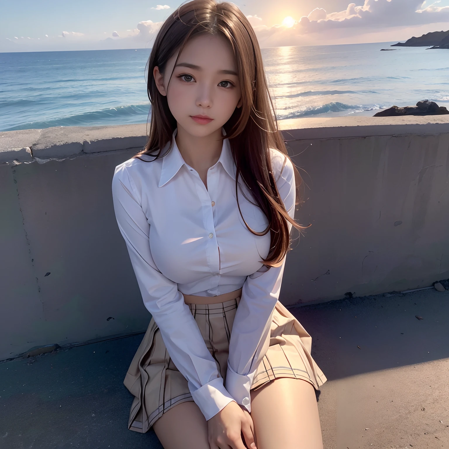 top-quality, masterpiece, high-detail, 16k picture quality,Photonic style, At the coastline where the sun sets over the sea, a beautiful high school girl in a uniform is sitting. She has medium-length light brown hair, and she’s wearing a white blouse and a pleated skirt. , plump big breasts, Constricted waist, red blush, The sky is dyed orange, and crimson clouds are shining beautifully in the light of the setting sun. It’s an impressive landscape that resembles a photo capturing this moment.
