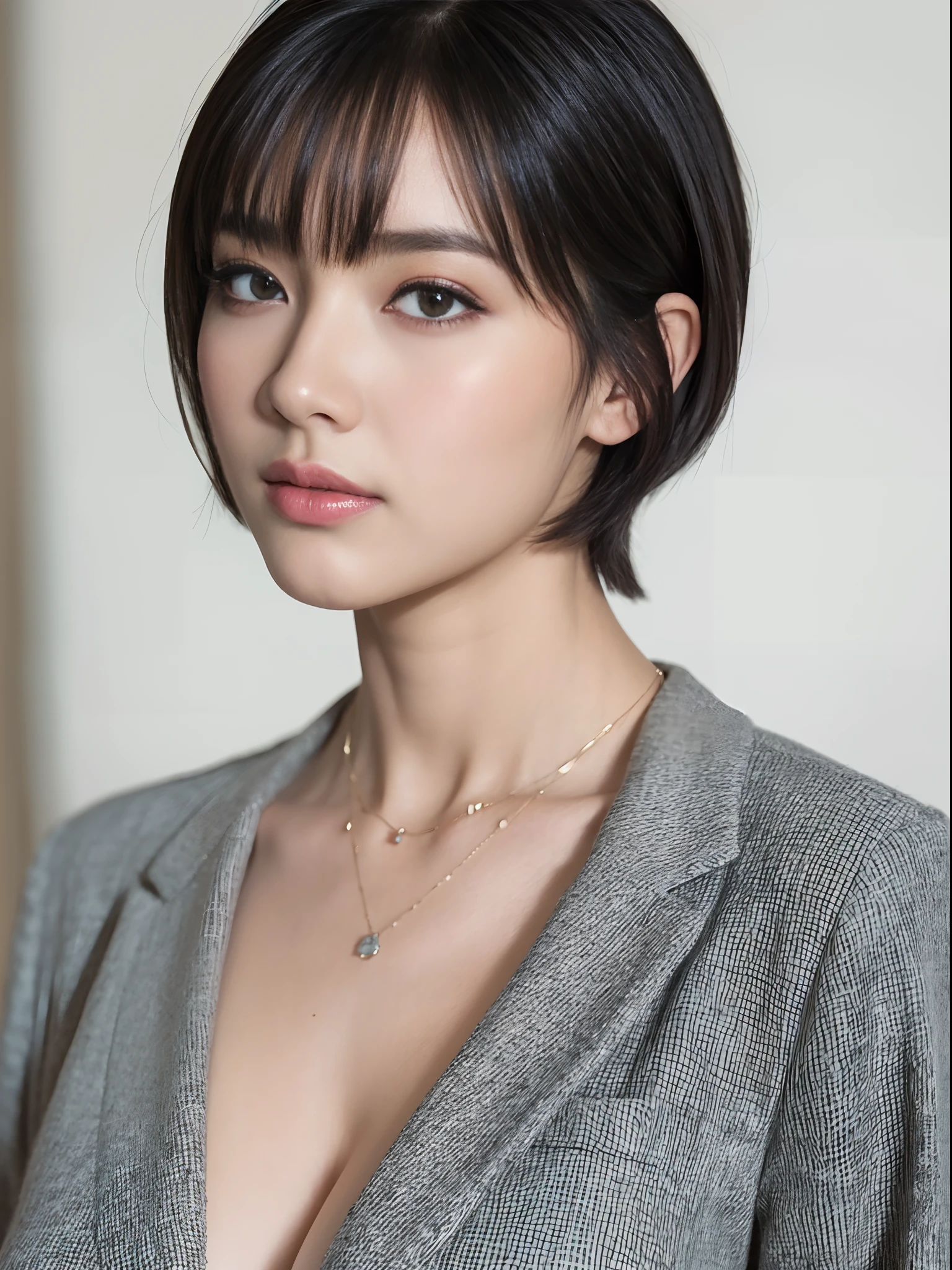 top-quality:1.3、​masterpiece、hight resolution、［1 girl in］、｛独奏｝、fully body photo、((Photorealsitic):1.1)、Real person、portlate、mascara, ,(Textured skin, Skin pores:1.1), (Imperfect skin:1.1) intricate detailes, (Unripe, 8K:1.2), Detailed skin、japanes、thin bunches of bangs、Bery short hair、Jackett、catchlight、piercings、a necklace、white walls