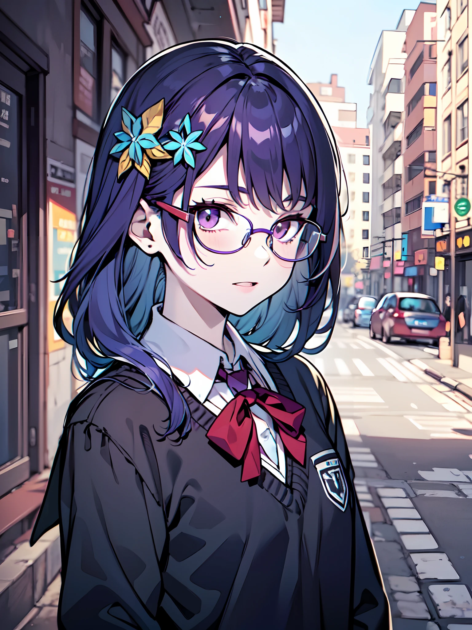 (masterpiece:1.2), (pale skin:1.2), (solo:1.2), (female:1.1), (emphasis lines:1.3), (adult:1.2), purple hair, (glasses:1.2), (blue hair ornament:1.3), (outdoors:1.1), (school uniform:1.1), streets, (dark:1.1), purple eyes