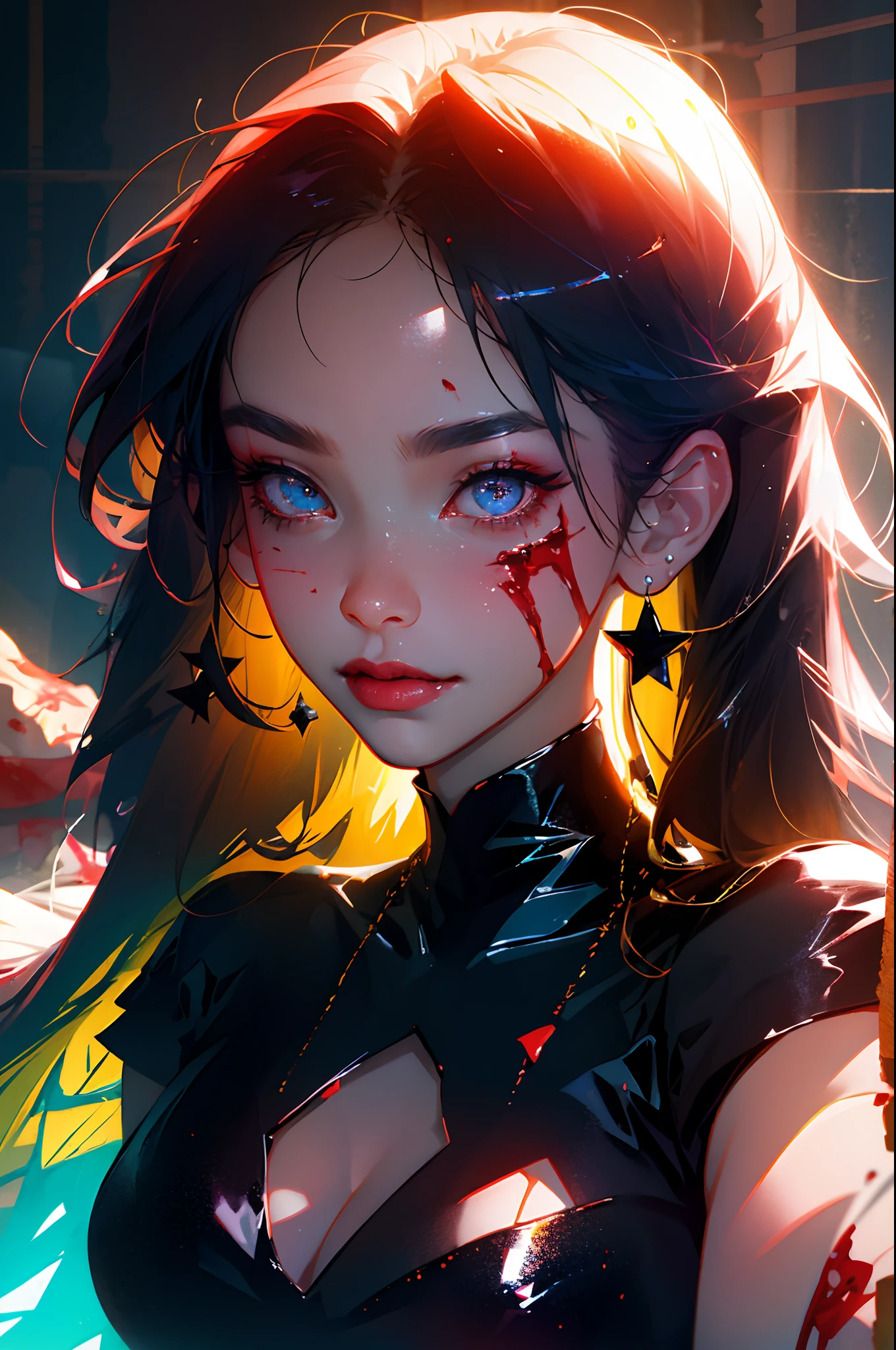 absurdres, 1girl,medium breast, star eye, blush, (realistic:1.5), (masterpiece, Extremely detailed CG unity 8k wallpaper, best quality, highres:1.2), (ultra_detailed, UHD:1.2), (pixiv:1.3), perfect illumination, distinct, (1girl:1.4), (bishoujo:1.2), looking at viewer, unreal engine, sidelighting, perfect face, detailed face, bangs, perfect body, beautiful eyes, pretty face, (bright skin:1.4), idol, (abs), ulzzang-6500-v1.1, (navel), ruins, dark place, night, dark aura, close-up, selfie, (blood on face:1.4), (evil smile:1.1)