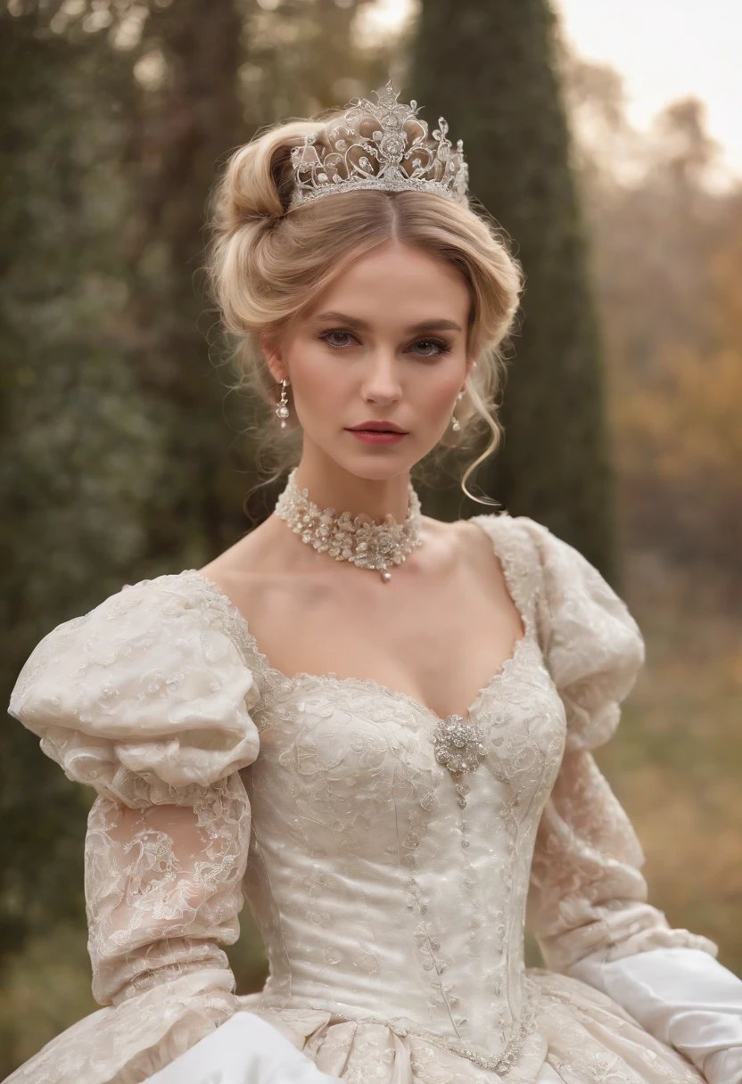 A stunningly beautiful blonde fairytale Princess shining with Royal Pomp and Regal Splendor, wearing a Stately and (((Elaborate))) Royal Cinderella Ballgown of Silver and White Brocade, with (((enormous puffed sleeves))) a stiffly boned, padded and corseted bodice, an hourglass waist, a (((huge crinoline hoopskirt))) and (((bustle))), adorned with ribbons, bows, roses, lace, ruffles, frills, embroidery, and jewels, elaborately curled and styled hair, long white gloves, pearl and diamond necklace and earrings