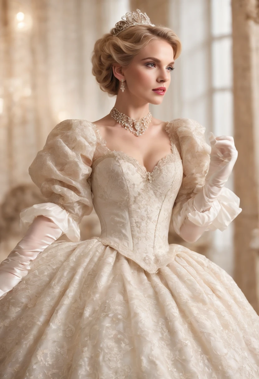 A stunningly beautiful blonde fairytale Princess shining with Royal Pomp and Regal Splendor, wearing a Stately and (((Elaborate))) Royal Cinderella Ballgown of Silver and White Brocade, with (((enormous puffed sleeves))) a stiffly boned, padded and corseted bodice, an hourglass waist, a (((huge crinoline hoopskirt))) and (((bustle))), adorned with ribbons, bows, roses, lace, ruffles, frills, embroidery, and jewels, elaborately curled and styled hair, long white gloves, pearl and diamond necklace and earrings