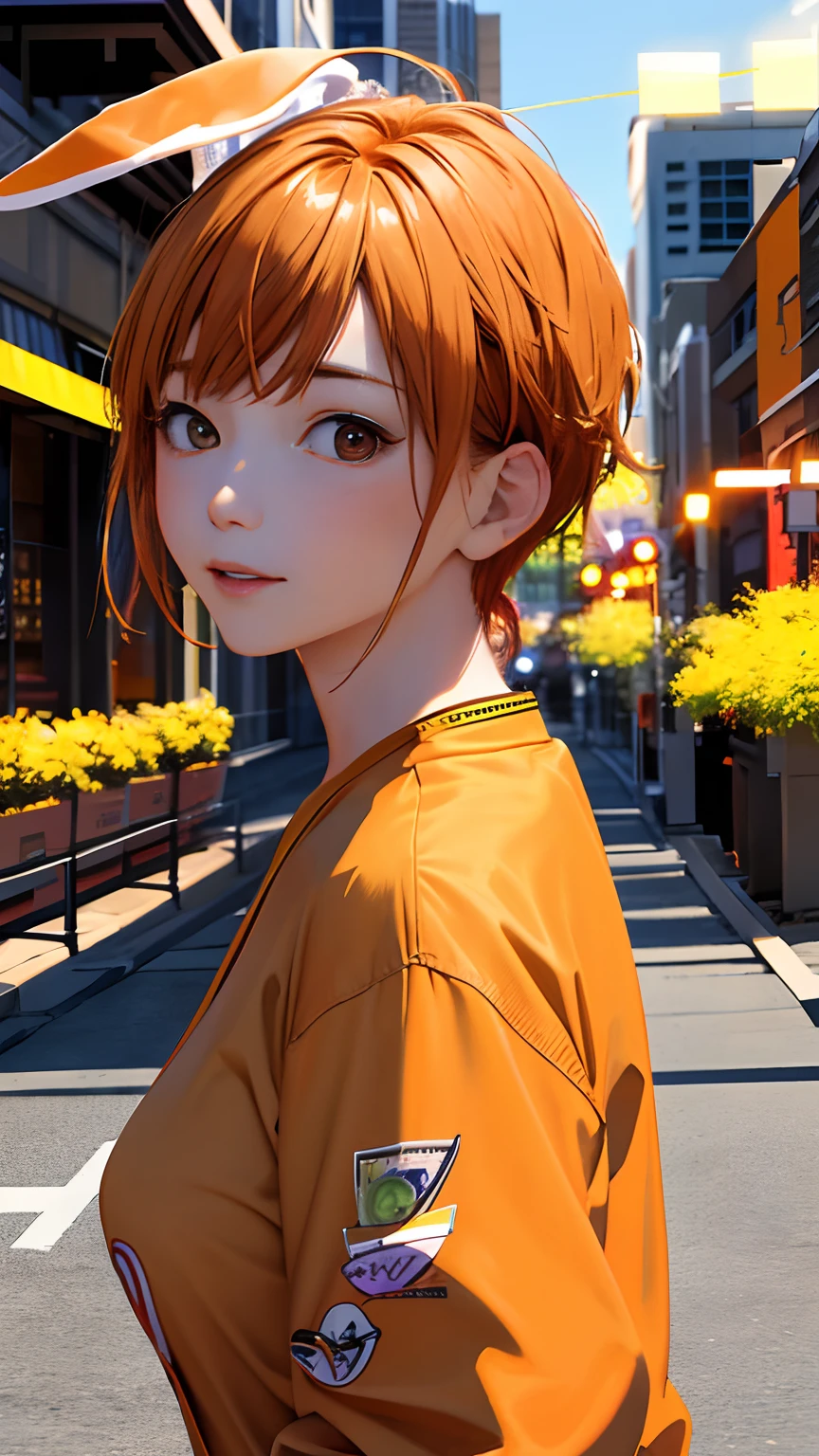 (masterpiece、top-quality、hight resolution、Official art、Beautifully Aesthetic:1.2)、(1girl in)、ighly detailed、(Photorealsitic:1.4)、((a pixie cut:1.3)), (orange color hair:1.4), Realistic、colourfull、highestdetailed、face perfect、The upper part of the body、nffsw、(doa:1.3)、(bunnygirl:1.2)、intergalactic、(light streaks)、striking visuals、(Dynamic streaks、Bright trajectory:1.2)、vivd colour、