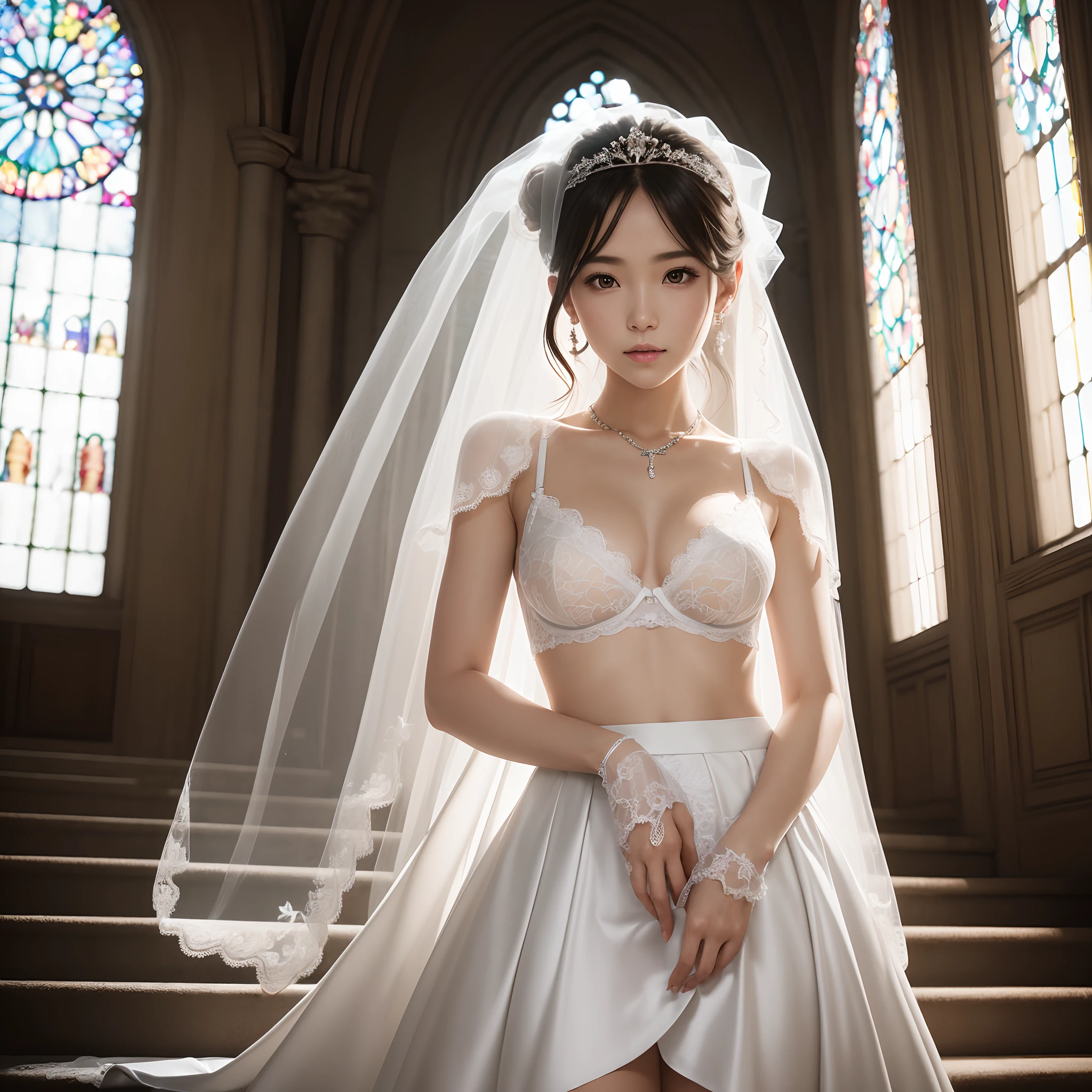 (((nffsw))), (((masutepiece))), (((8K))), (((hight resolution))), (((surrealism))), (((Cinematic lighting))), god rays, Zoom Layer, (((FULL BODYSHOT))), F/4.0, canon, Shiny skin,Detailed skin,Detailed face, Detailed eyes, Beautiful Japan bride, No top, Pose in front of a beautiful wedding church, a white veil, Bra exposed upper body, White lace bra, Wedding dress with miniskirt only for the lower body, tiny chest , silver earing, Diamond necklace, Mystical sight, confeti, sunny sky, Church stairs