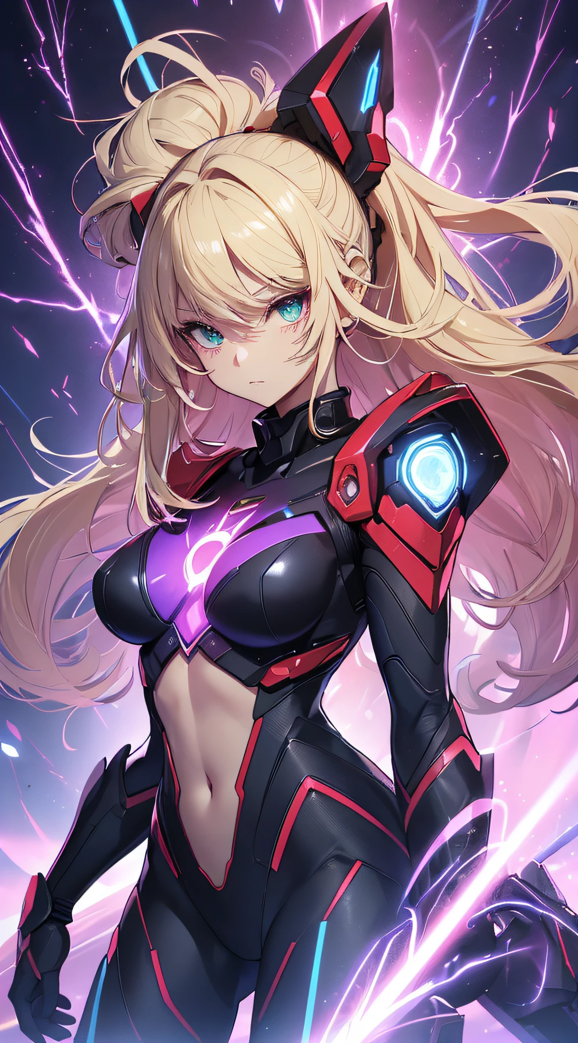 top-quality、Top image quality、​masterpiece、Android Girl((sixteen years old、Red, Black, Red and white glowing cybersuit、Blue energy source for the chest,Best Bust、Bust 90、Blonde Away Tail、Blue-green eyes、open chest wide、Valley、Happiness、A slender、Warlike face、Stand at the front、Countless cable connections throughout the body、Particles of light、Sharp claw arm,Dual-arm laser cannon、battered body、battleing、Giant Cybersword、Flight Units)）hiquality、Beautiful Art、Background with((Blue lighting、Green particles、Red Laser Pointer、Purple swirl,Yellow flash、Pink lightning、Cyberfield、luminous sky))、masutepiece、Elaborate design、visualart、Theatrical films